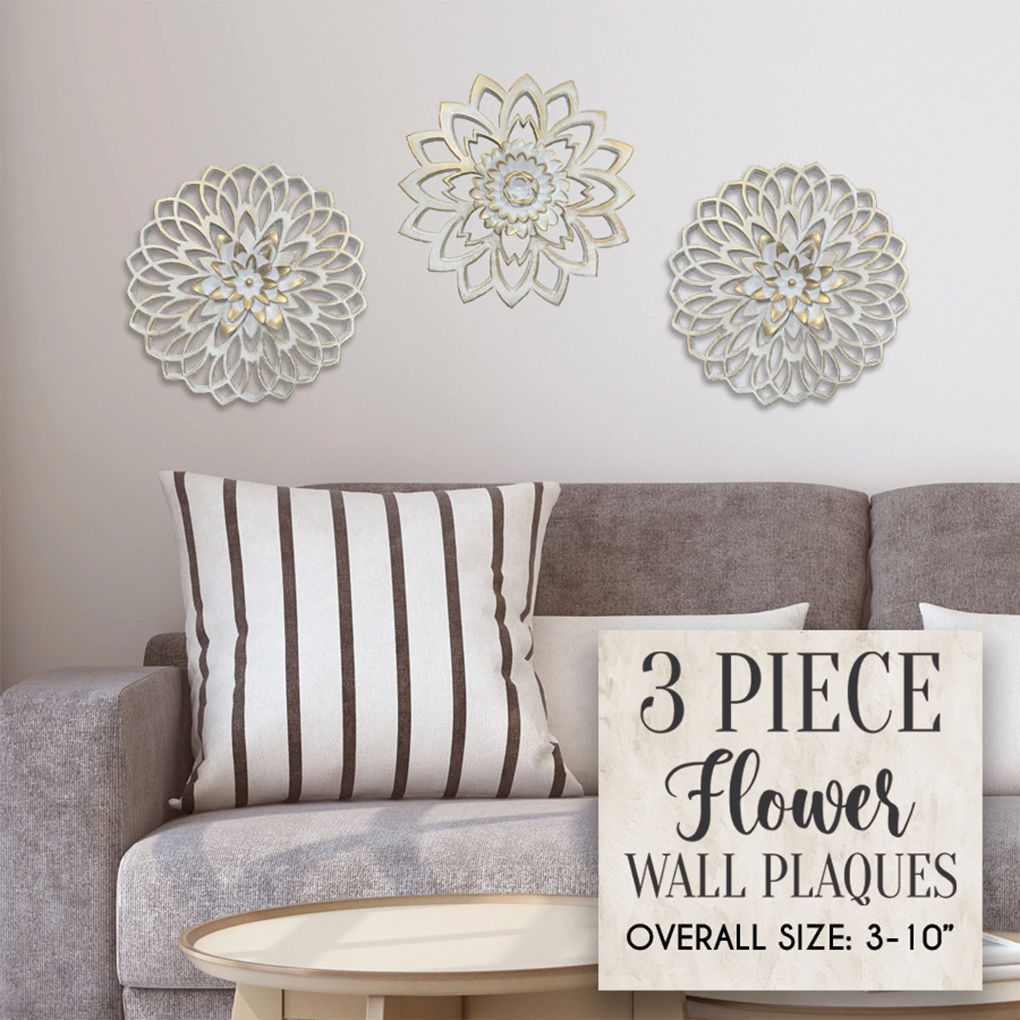 PREMIUS 3 Piece Floral Plaque Wall Decor Set, White, 10 Inches - Image 2