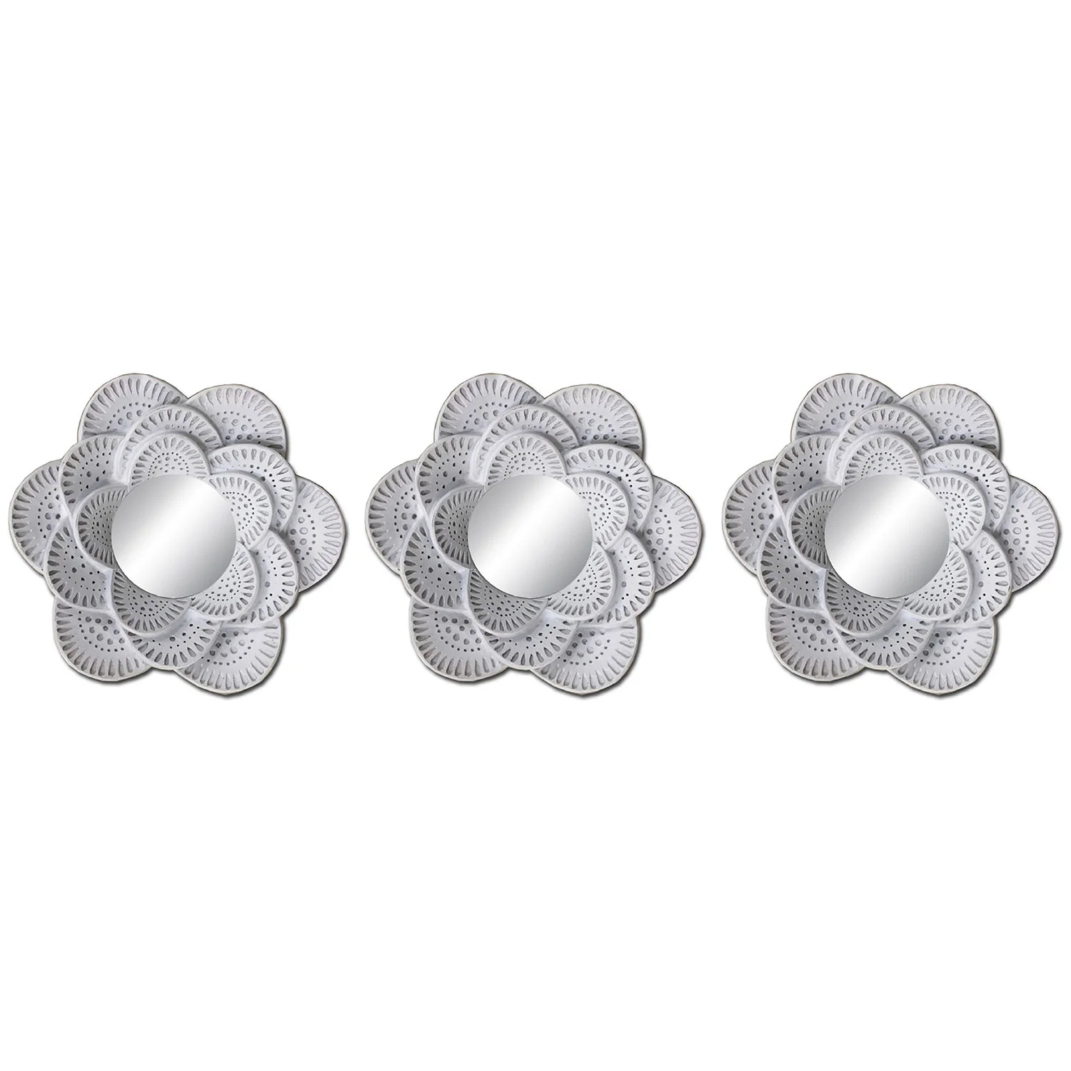 PREMIUS 3-Piece Flower Decorative Mirror Set, White, 26x9 Inches Overall