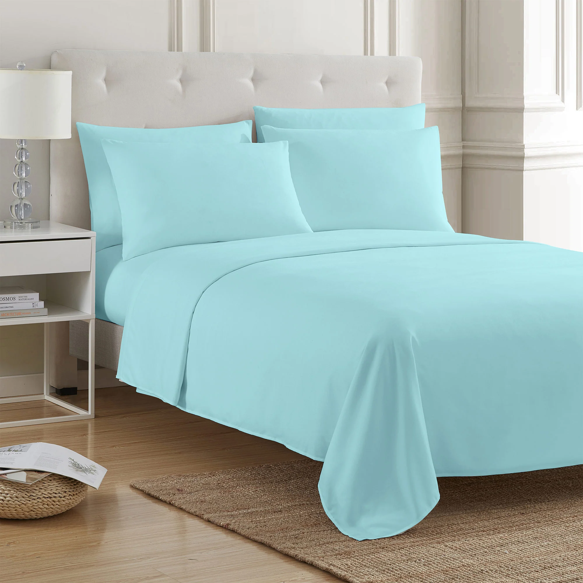 PREMIUS 4-6 Piece Solid Microfiber Wrinkle-Free Sheet Set, Sky Blue - Image 2