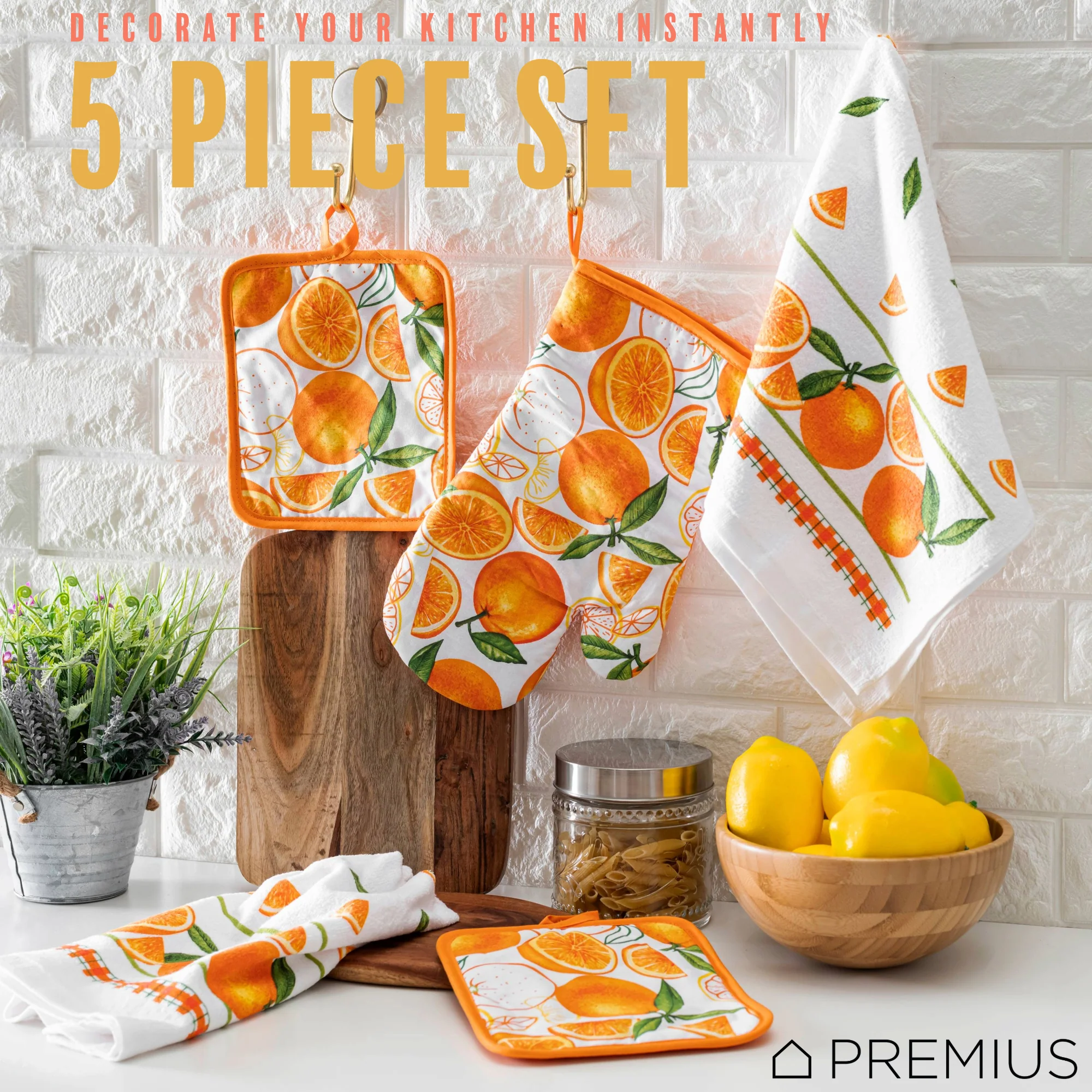 PREMIUS 5 Piece Printed Kitchen Linen Set, 2 Cotton Towels, 2 Pot Holders, 1 Oven Mitt - Image 14