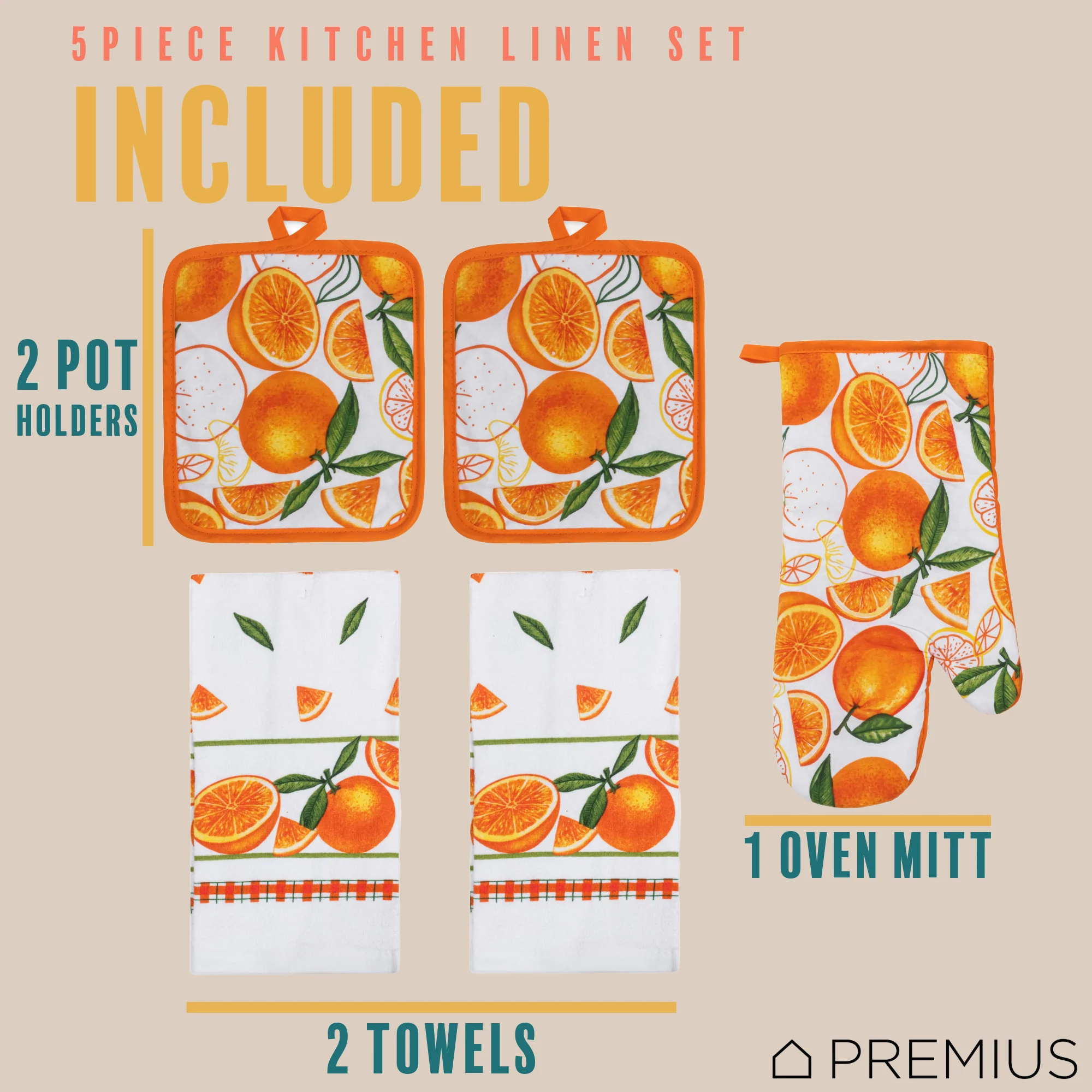 PREMIUS 5 Piece Printed Kitchen Linen Set, 2 Cotton Towels, 2 Pot Holders, 1 Oven Mitt - Image 19
