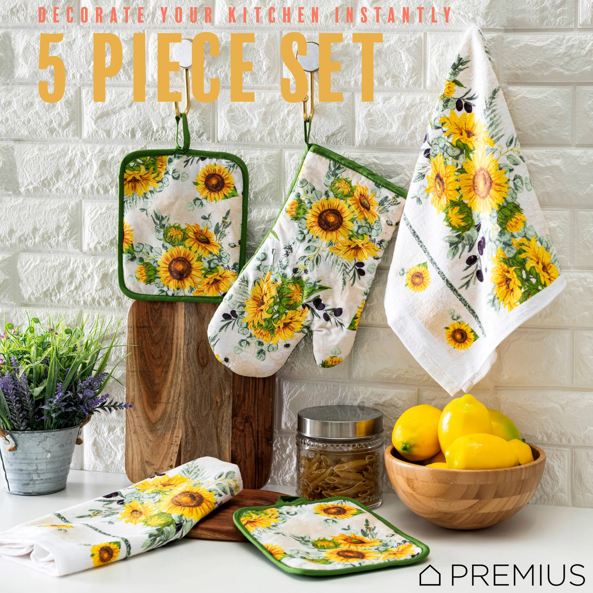 PREMIUS 5 Piece Printed Kitchen Linen Set, 2 Cotton Towels, 2 Pot Holders, 1 Oven Mitt - Image 3