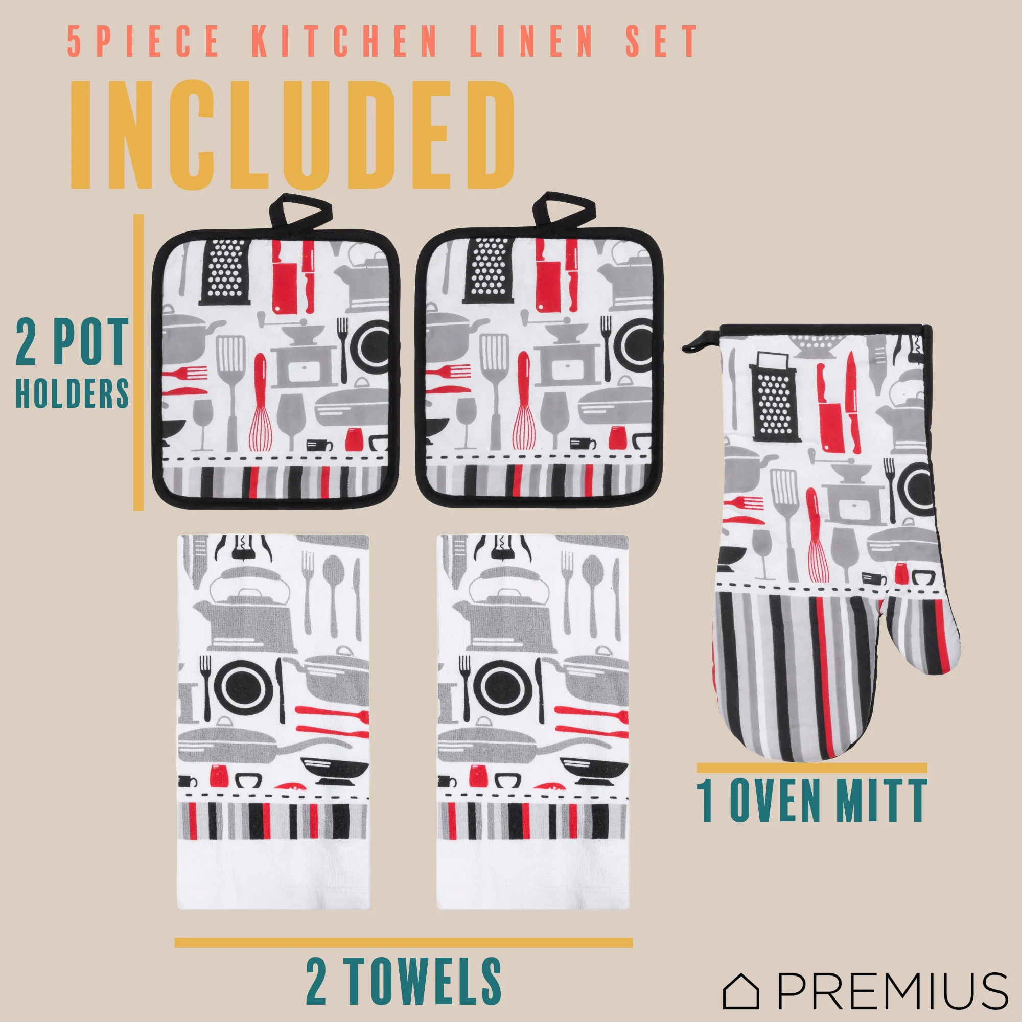 PREMIUS 5 Piece Printed Kitchen Linen Set, 2 Cotton Towels, 2 Pot Holders, 1 Oven Mitt - Image 52