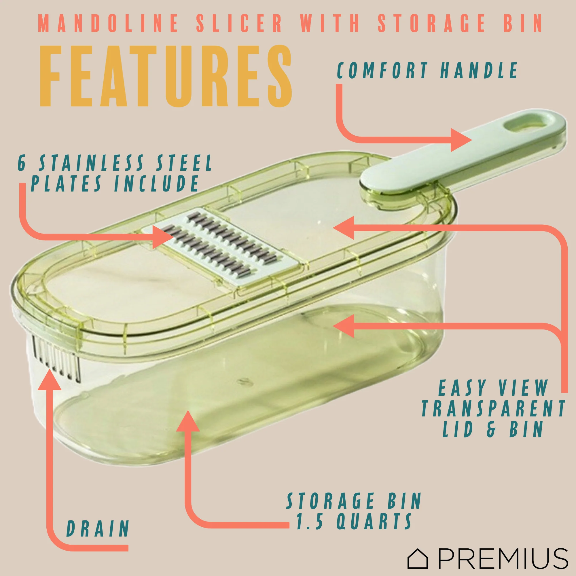 PREMIUS 6-In-1 Mandoline Slicer with Storage Bin and Handle, Green-Clear, 1.5 Quarts - Image 2