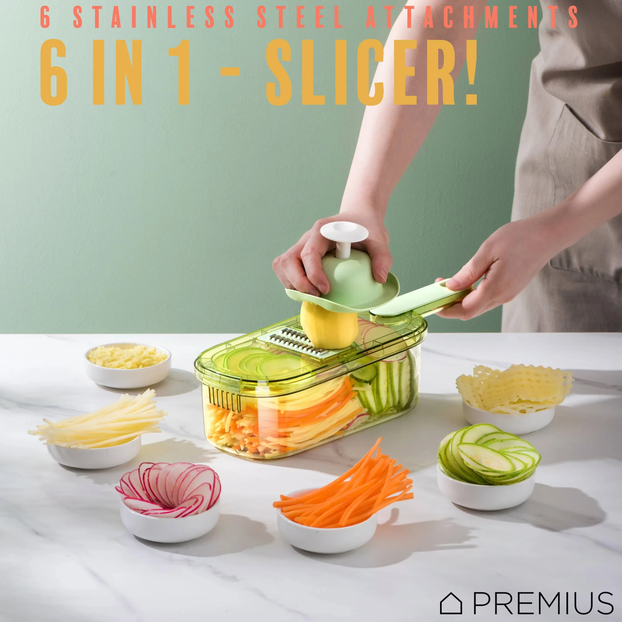 PREMIUS 6-In-1 Mandoline Slicer with Storage Bin and Handle, Green-Clear, 1.5 Quarts - Image 3