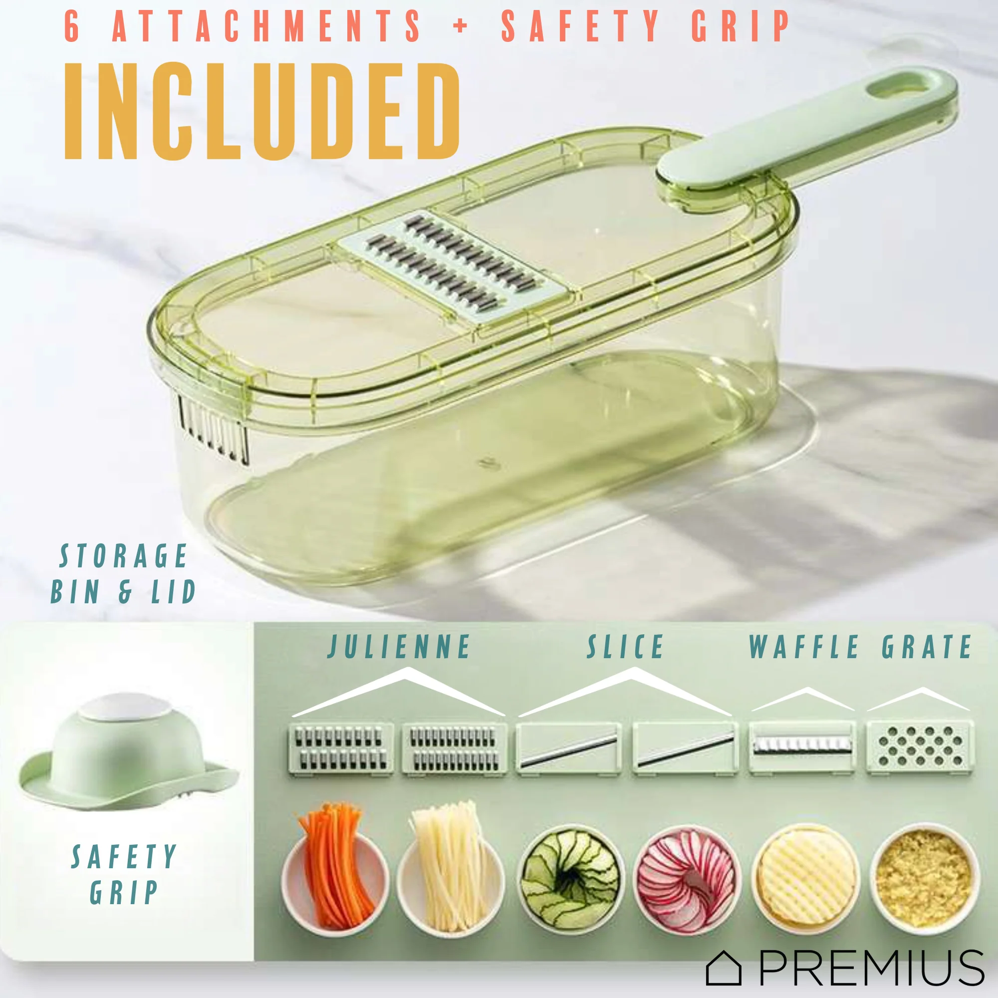 PREMIUS 6-In-1 Mandoline Slicer with Storage Bin and Handle, Green-Clear, 1.5 Quarts - Image 5