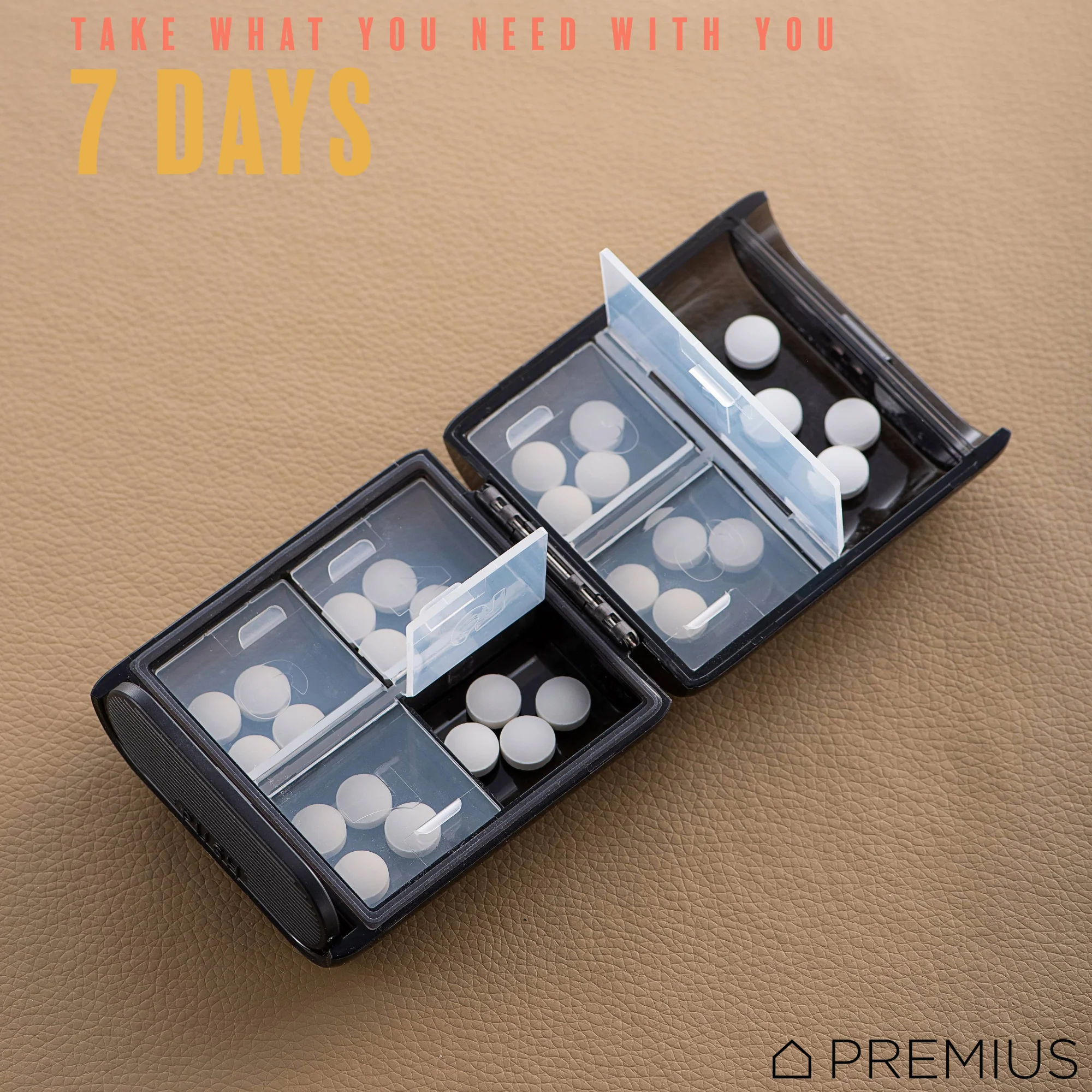 PREMIUS 7 Day Compact Travel Foldable Pill Organizer Box, Clear-Black, 3.3x2.95x1.18 Inches - Image 6
