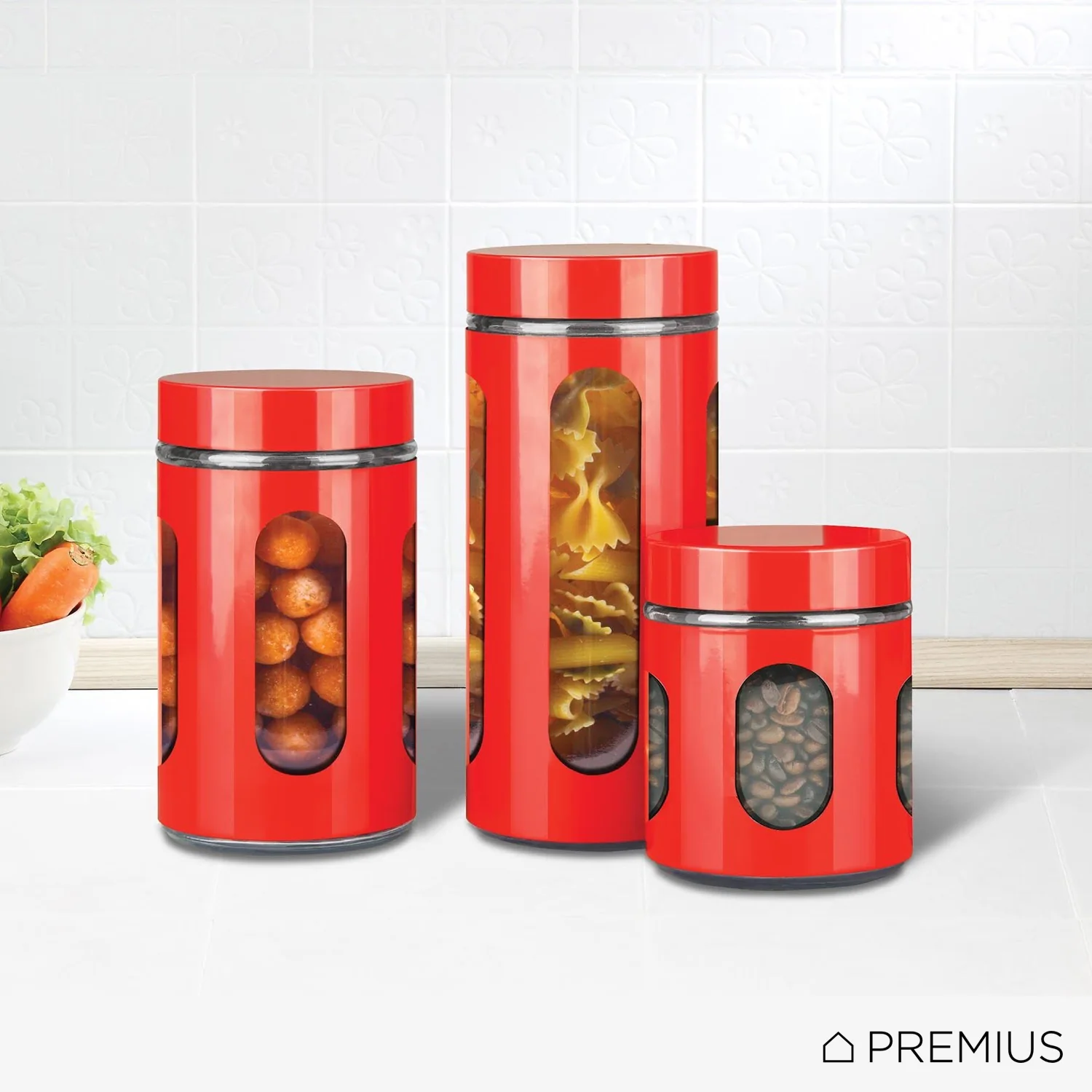 Premius Airtight 3-Piece Kitchen Glass Canister Set, Red - Image 2