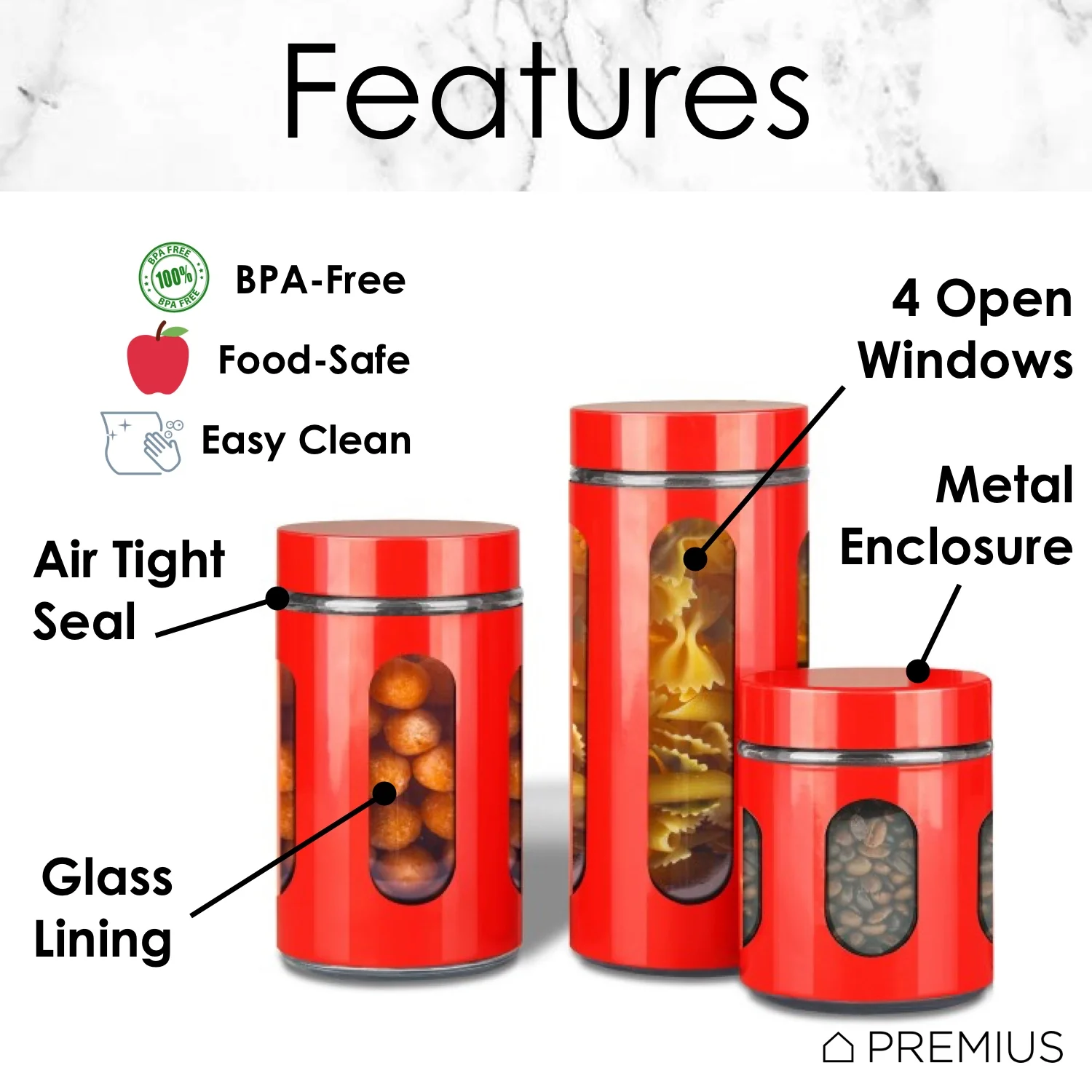 Premius Airtight 3-Piece Kitchen Glass Canister Set, Red - Image 3