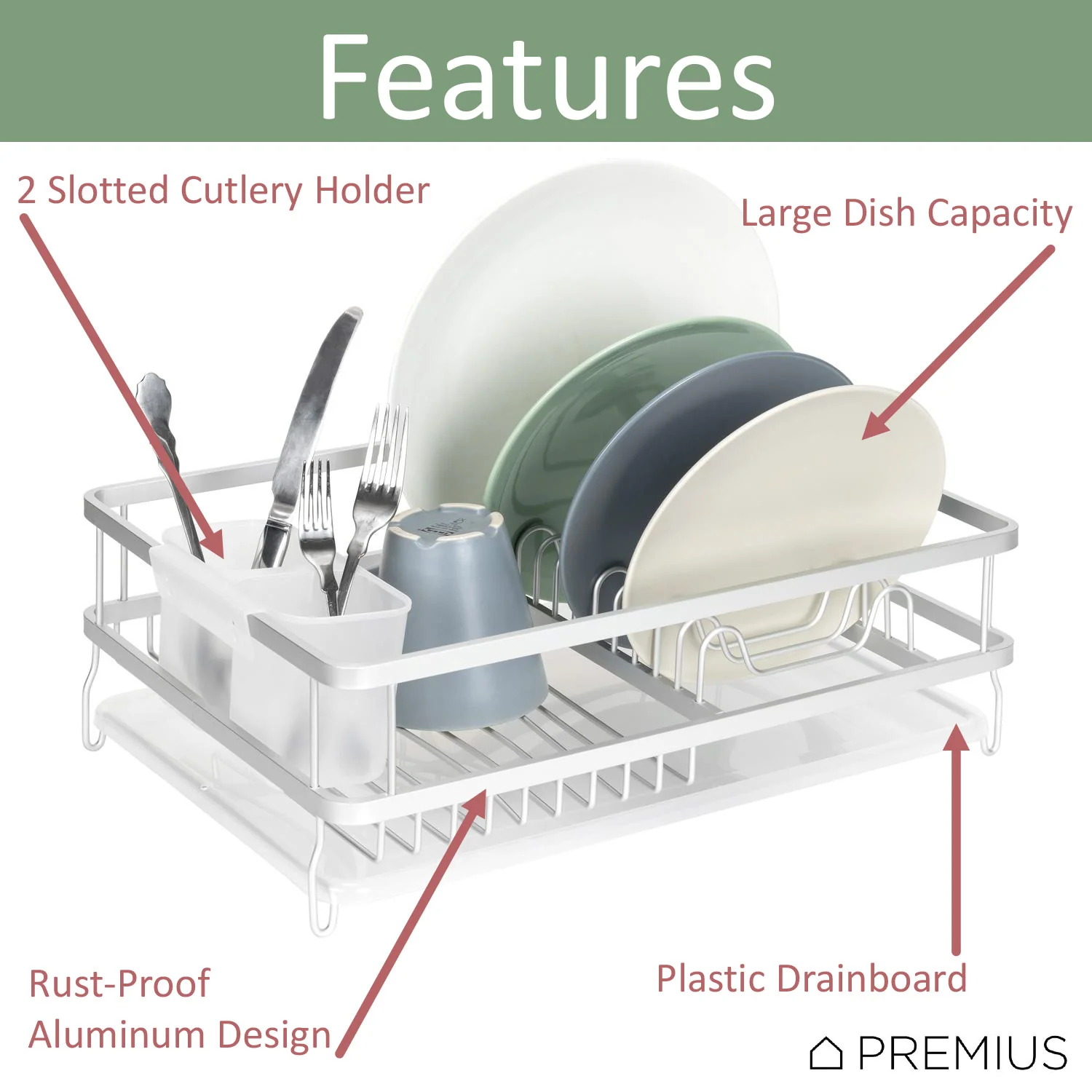 Premius Aluminum Dish Rack With Drainage Tray and Cutlery Holder, 16.75X12X5.65 Inches - Image 2