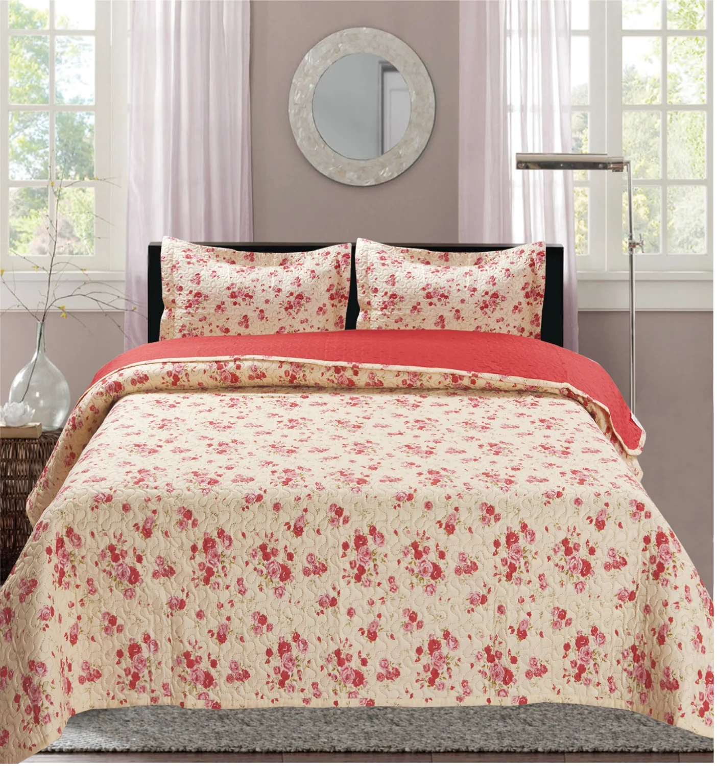 Premius Bryson Rose Printed Reversible Quilt Set, Red - Image 6