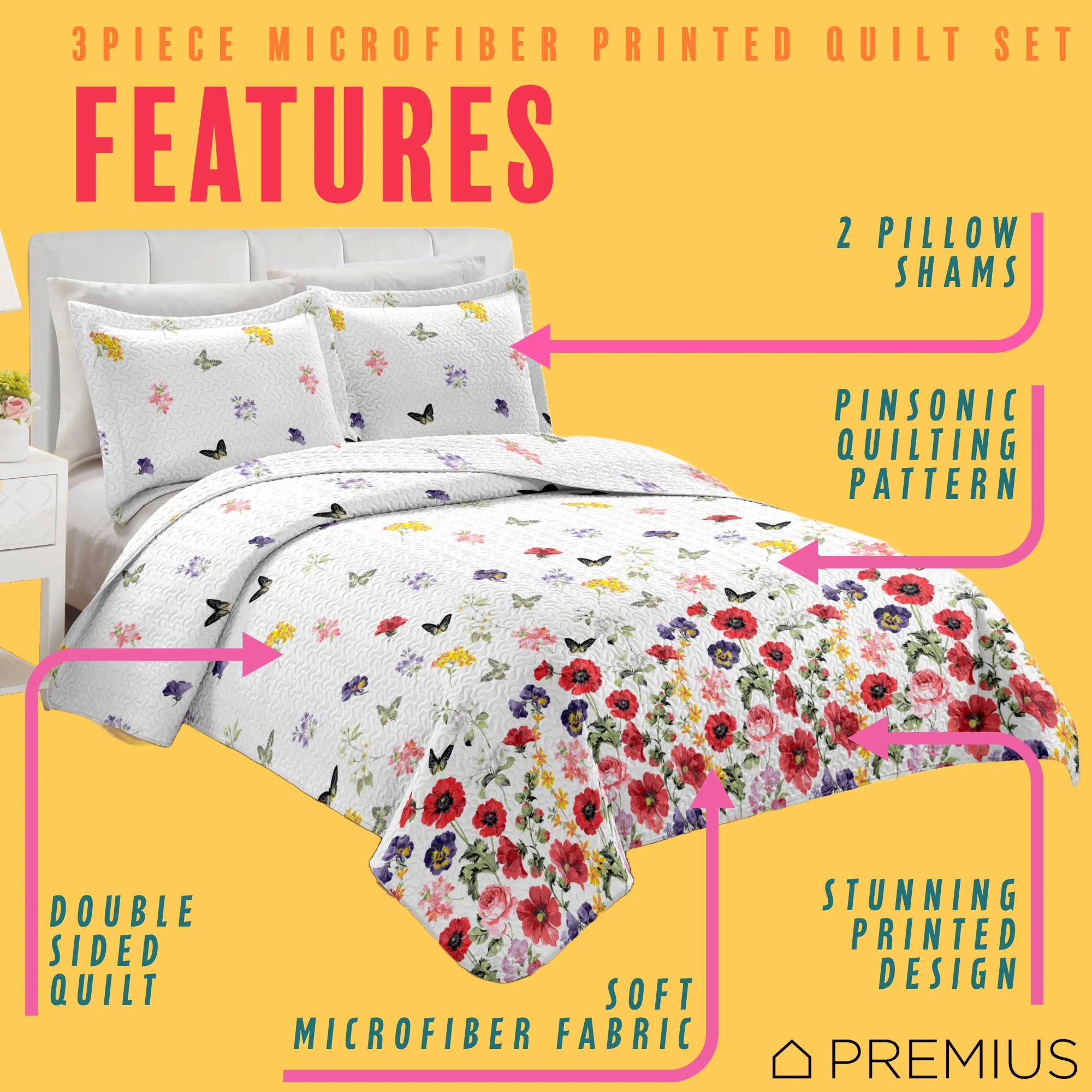PREMIUS Butterfly 3 Piece Microfiber Wrinkle-Free Quilt Set, White-Multi - Image 2