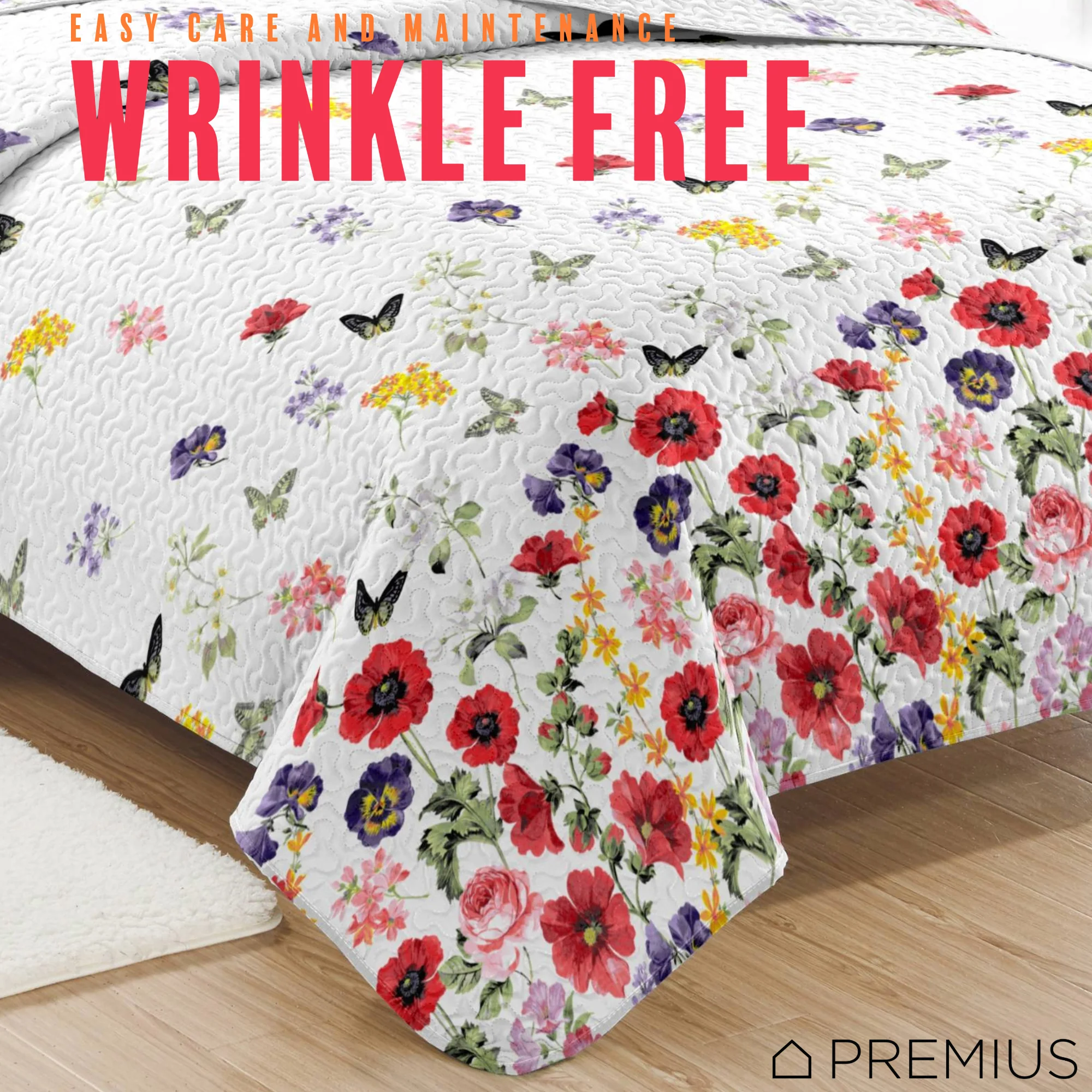 PREMIUS Butterfly 3 Piece Microfiber Wrinkle-Free Quilt Set, White-Multi - Image 3