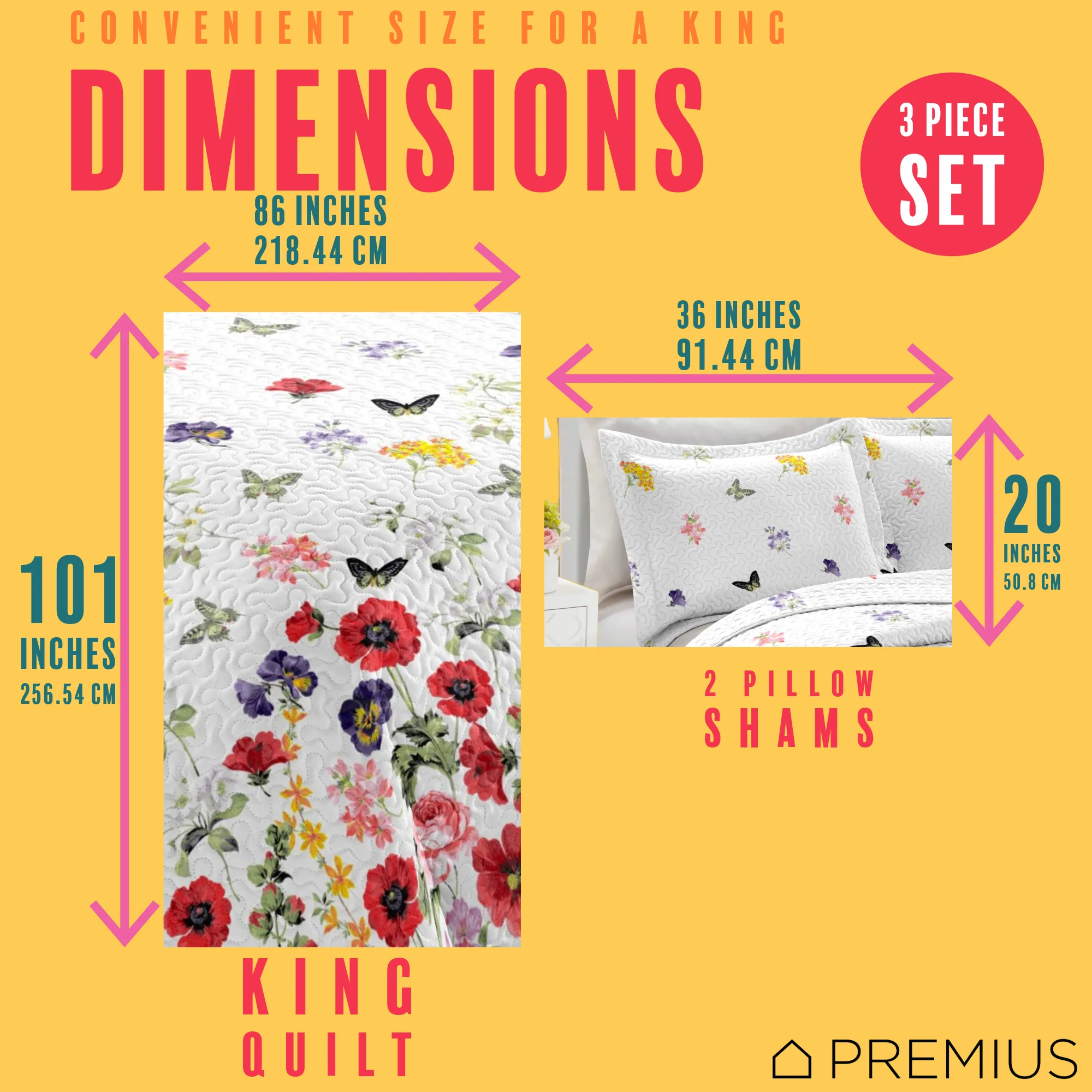 PREMIUS Butterfly 3 Piece Microfiber Wrinkle-Free Quilt Set, White-Multi - Image 4
