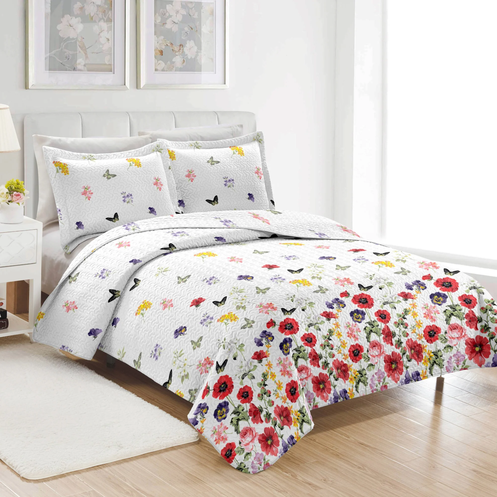 PREMIUS Butterfly 3 Piece Microfiber Wrinkle-Free Quilt Set, White-Multi - Image 6