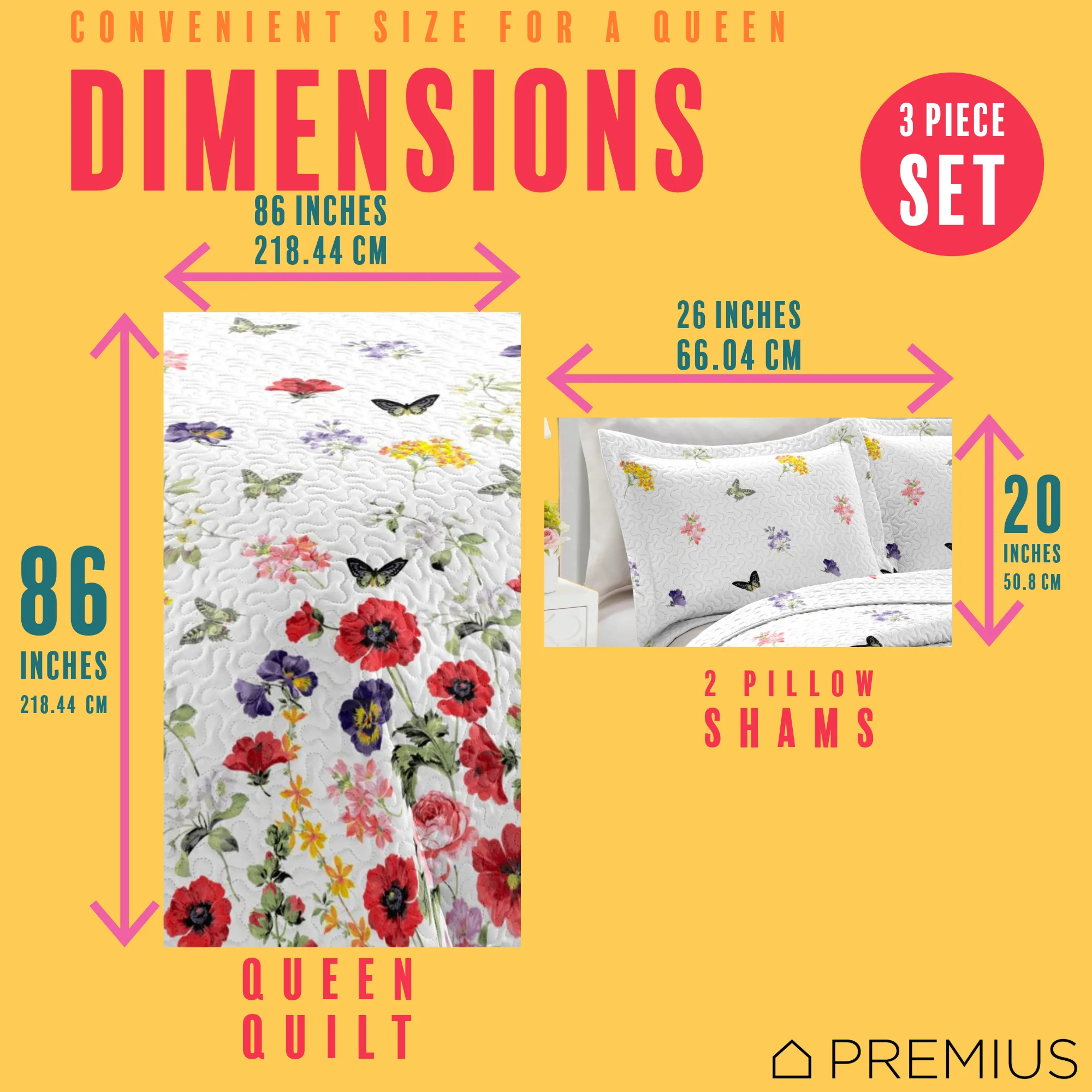 PREMIUS Butterfly 3 Piece Microfiber Wrinkle-Free Quilt Set, White-Multi - Image 9