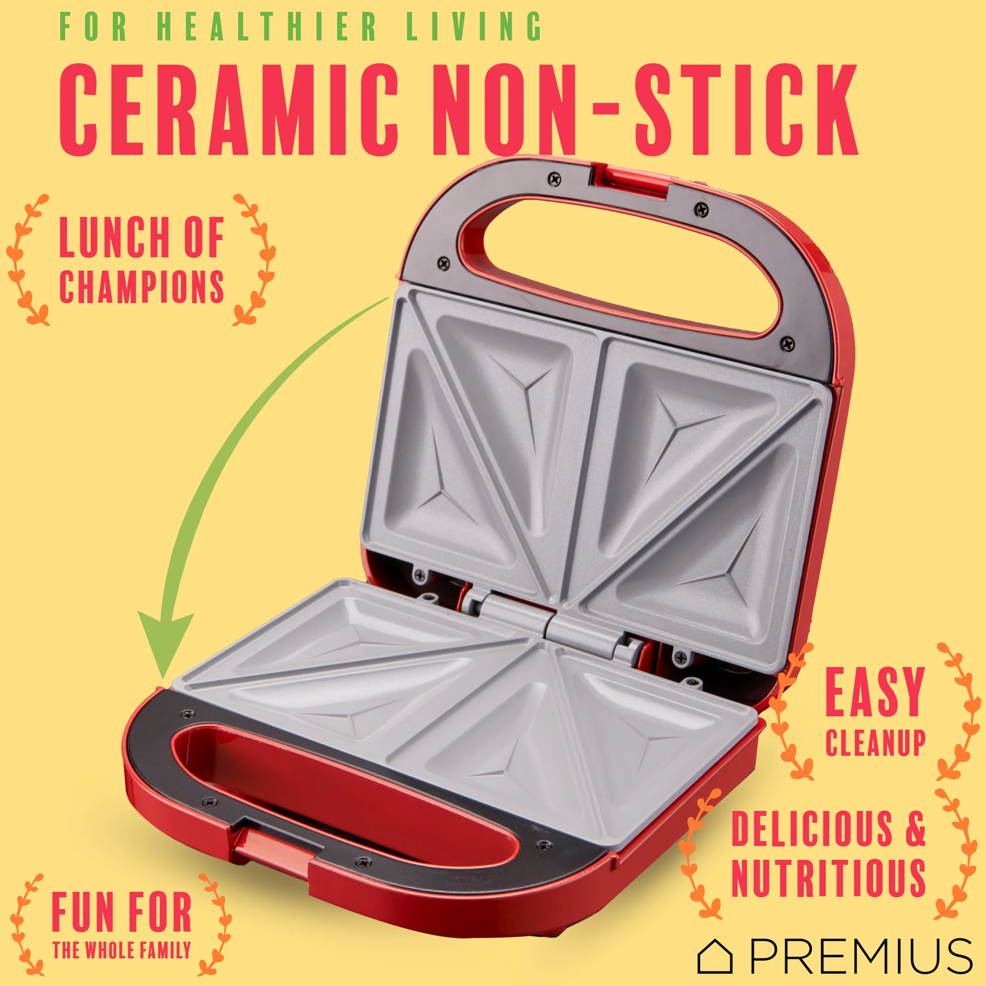 PREMIUS Ceramic Non-Stick Double Slice Sandwich Maker, 8.25x4.75 Inch Mold - Image 16