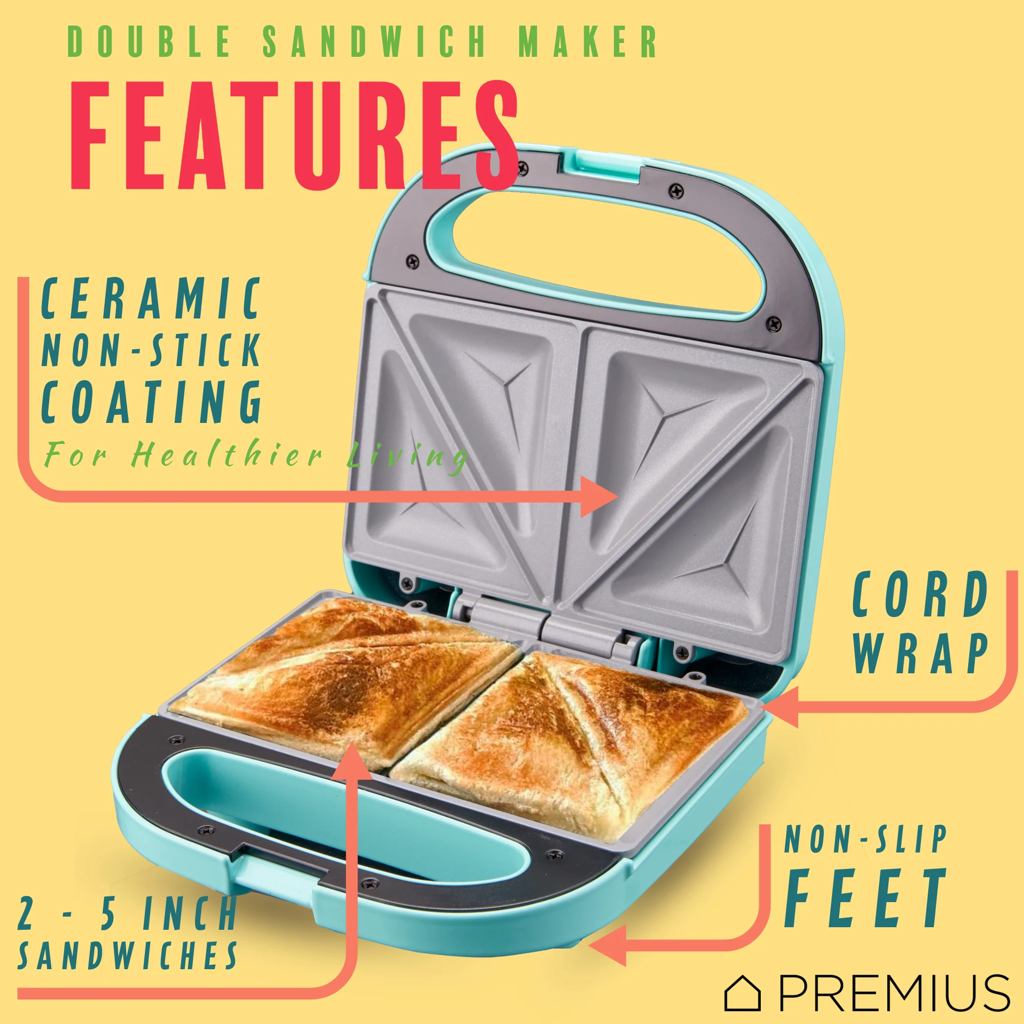 PREMIUS Ceramic Non-Stick Double Slice Sandwich Maker, 8.25x4.75 Inch Mold - Image 3