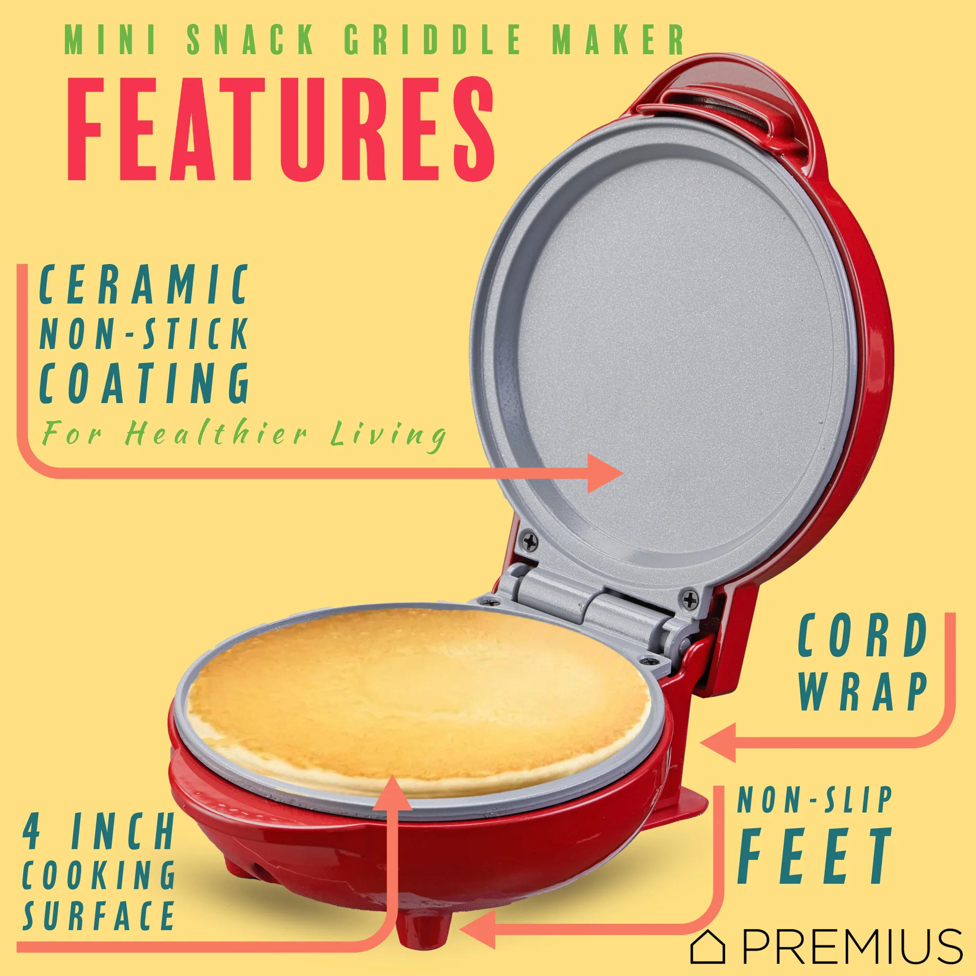 PREMIUS Ceramic Non-Stick Mini Snack Flat Griddle Maker, 4 Inch Mold - Image 14