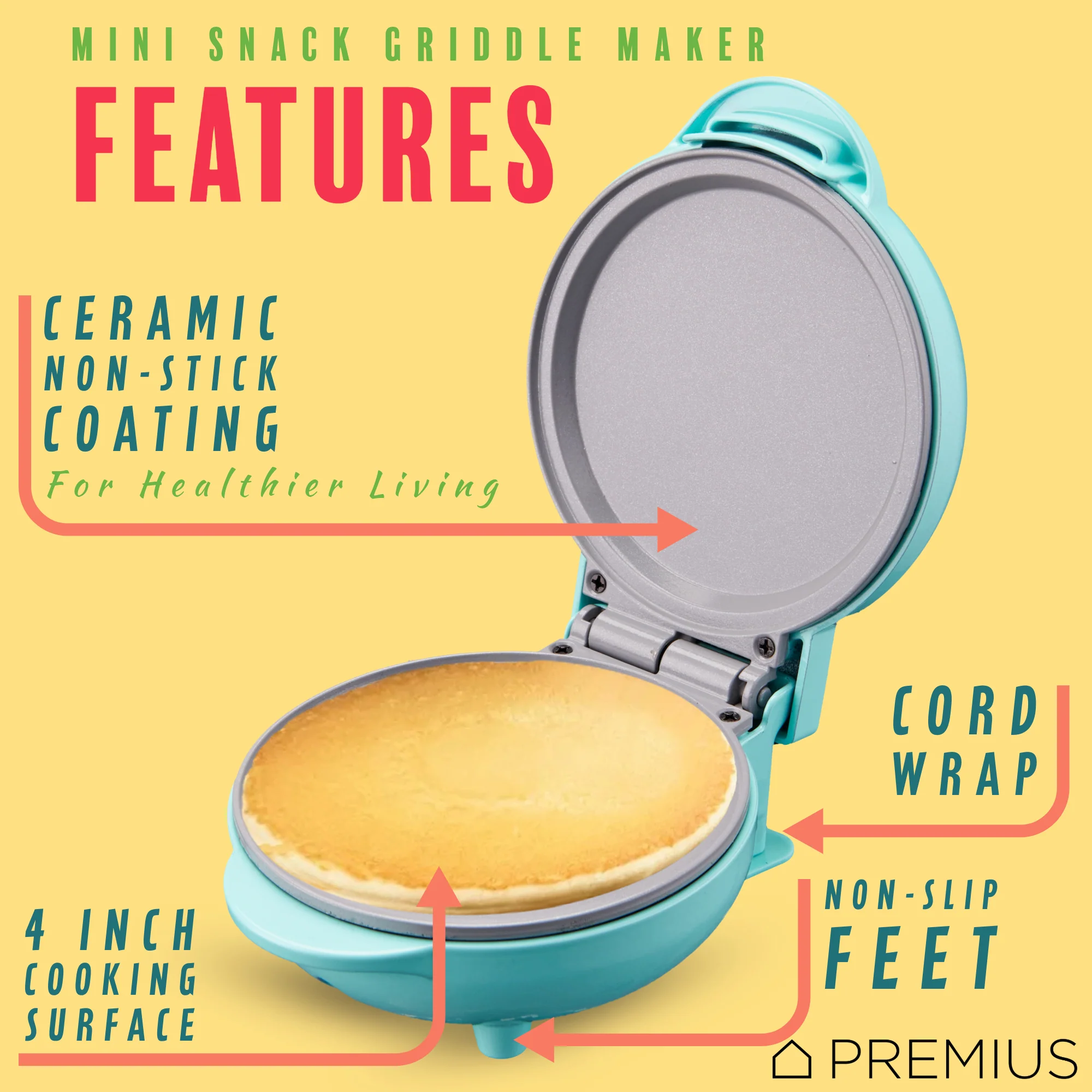 PREMIUS Ceramic Non-Stick Mini Snack Flat Griddle Maker, 4 Inch Mold - Image 3