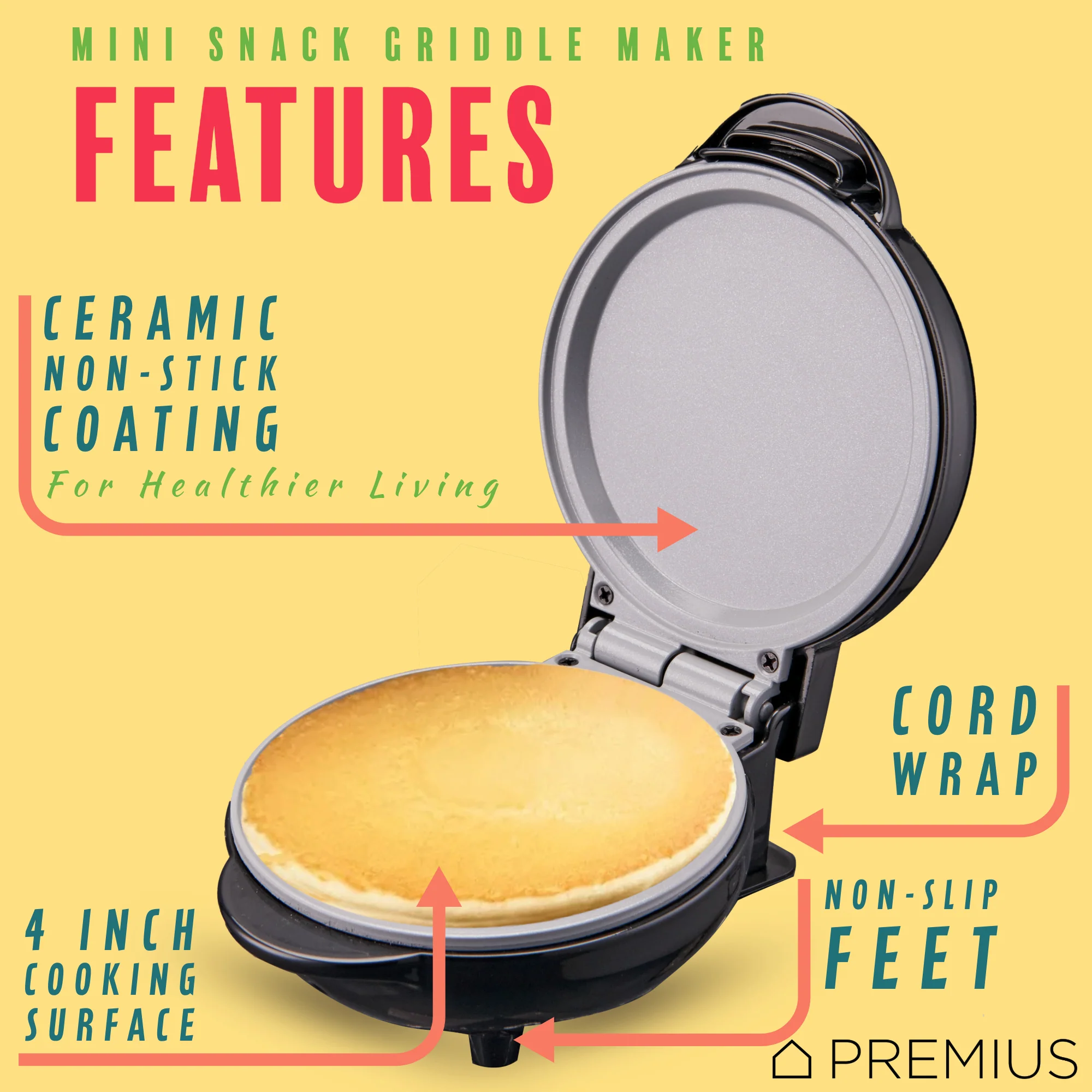 PREMIUS Ceramic Non-Stick Mini Snack Flat Griddle Maker, 4 Inch Mold - Image 9