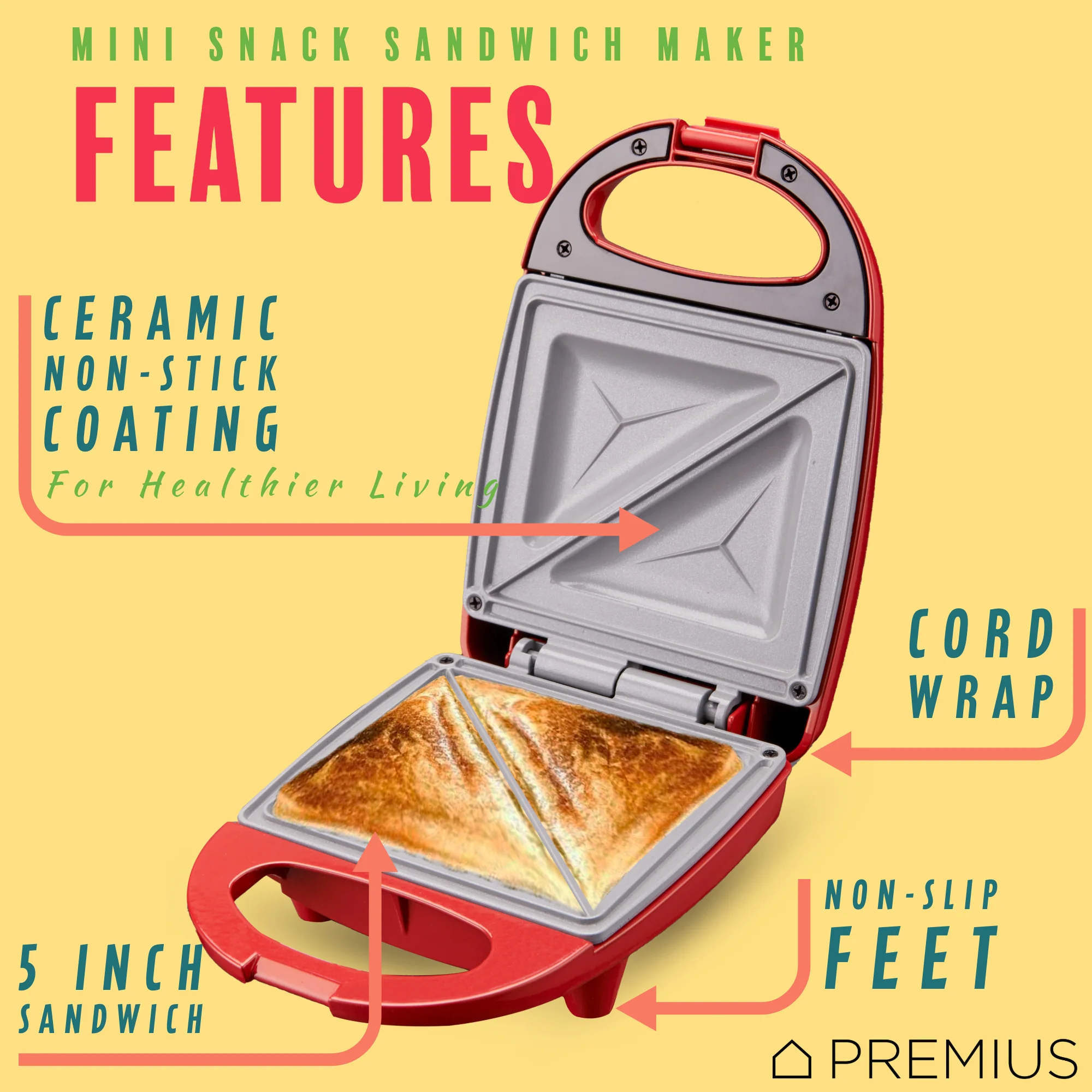PREMIUS Ceramic Non-Stick Mini Snack Sandwich Maker, 5x4.4 Inch Mold - Image 14