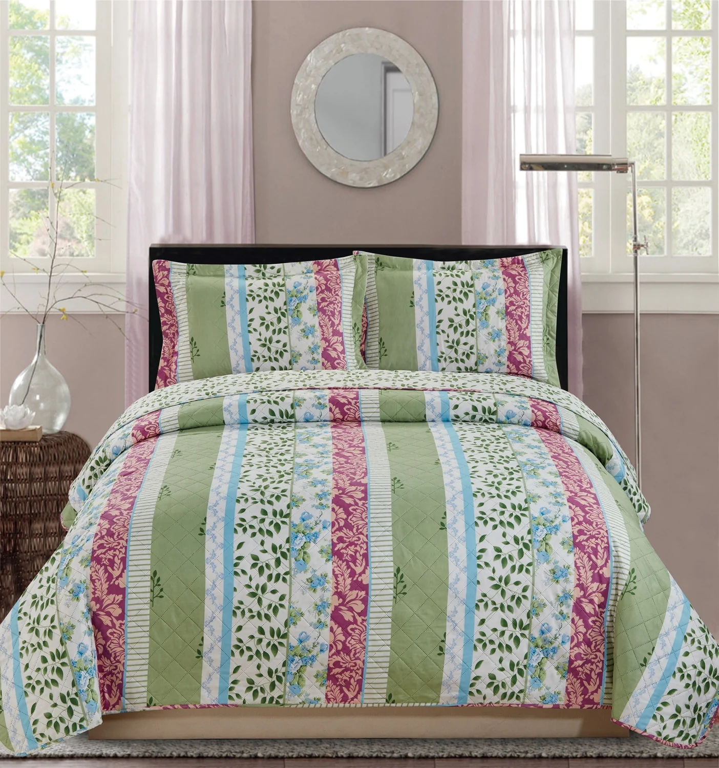 Premius Devina Leaf Printed Reversible Quilt Set, Green - Image 3