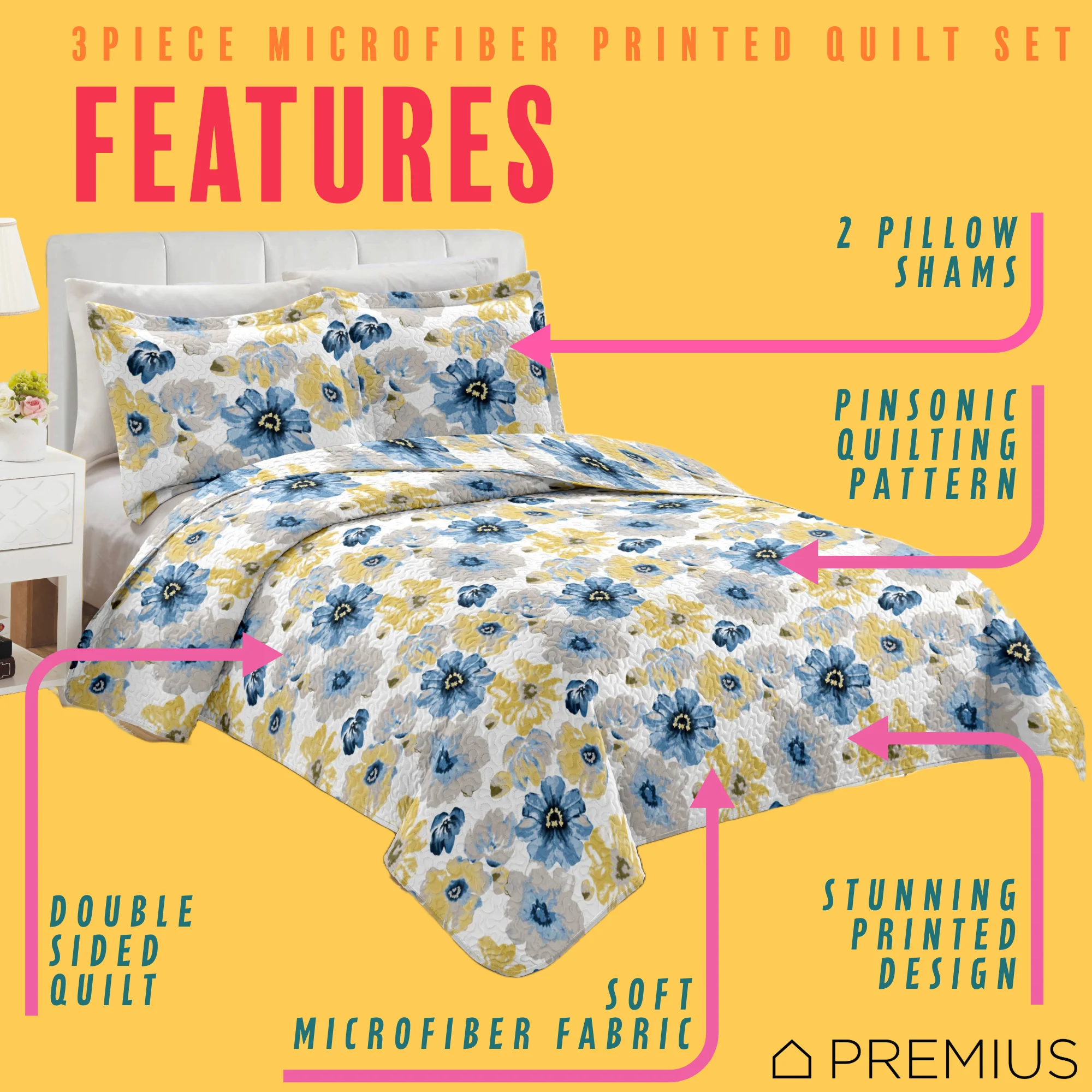 PREMIUS Eliana 3 Piece Microfiber Wrinkle-Free Quilt Set, Blue-Yellow - Image 2