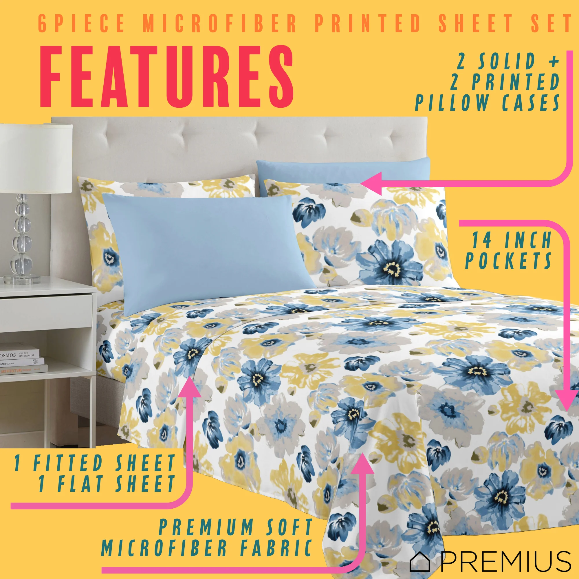 PREMIUS Eliana Soft Wrinkle-Free Microfiber Sheet Set, Blue-Yellow - Image 16
