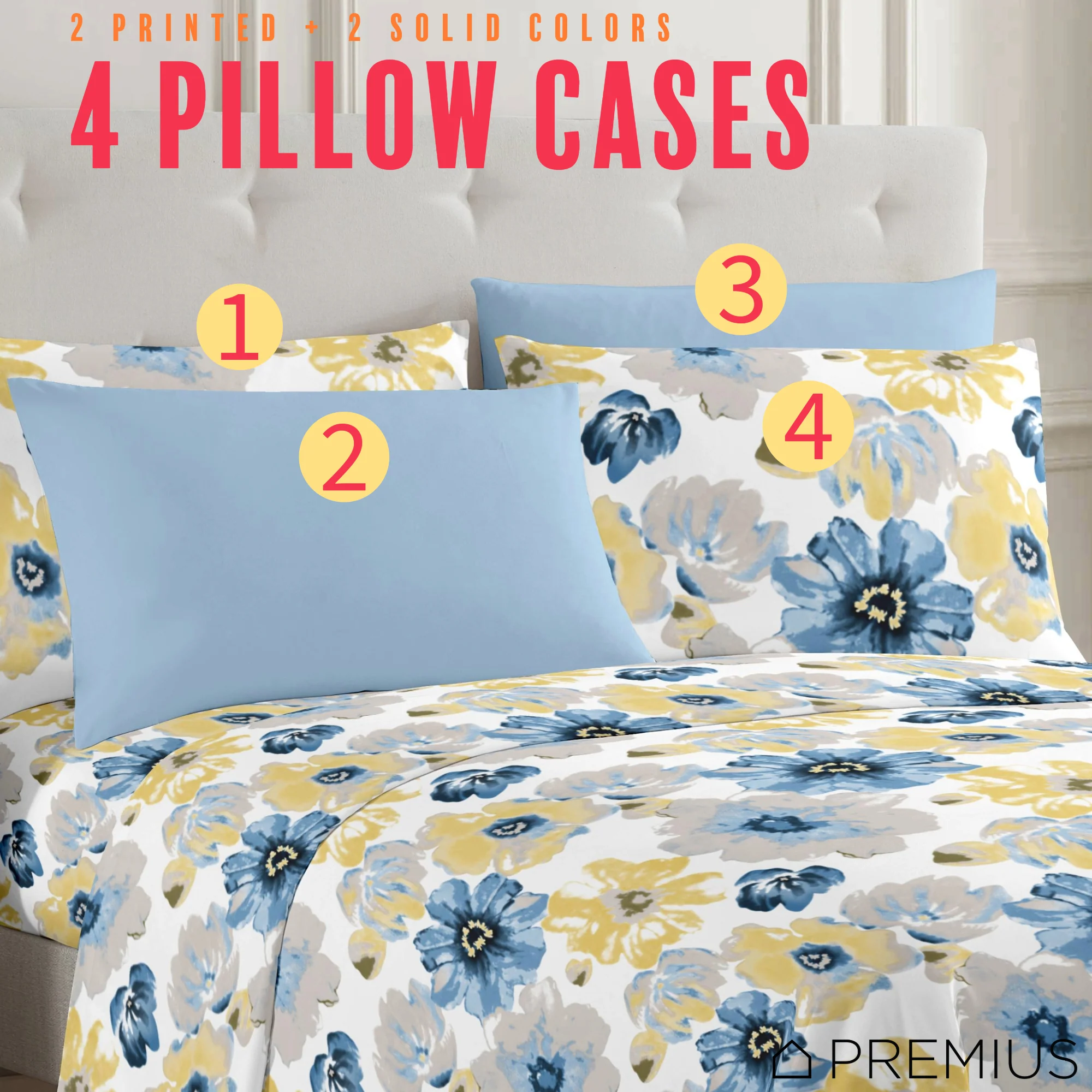 PREMIUS Eliana Soft Wrinkle-Free Microfiber Sheet Set, Blue-Yellow - Image 18