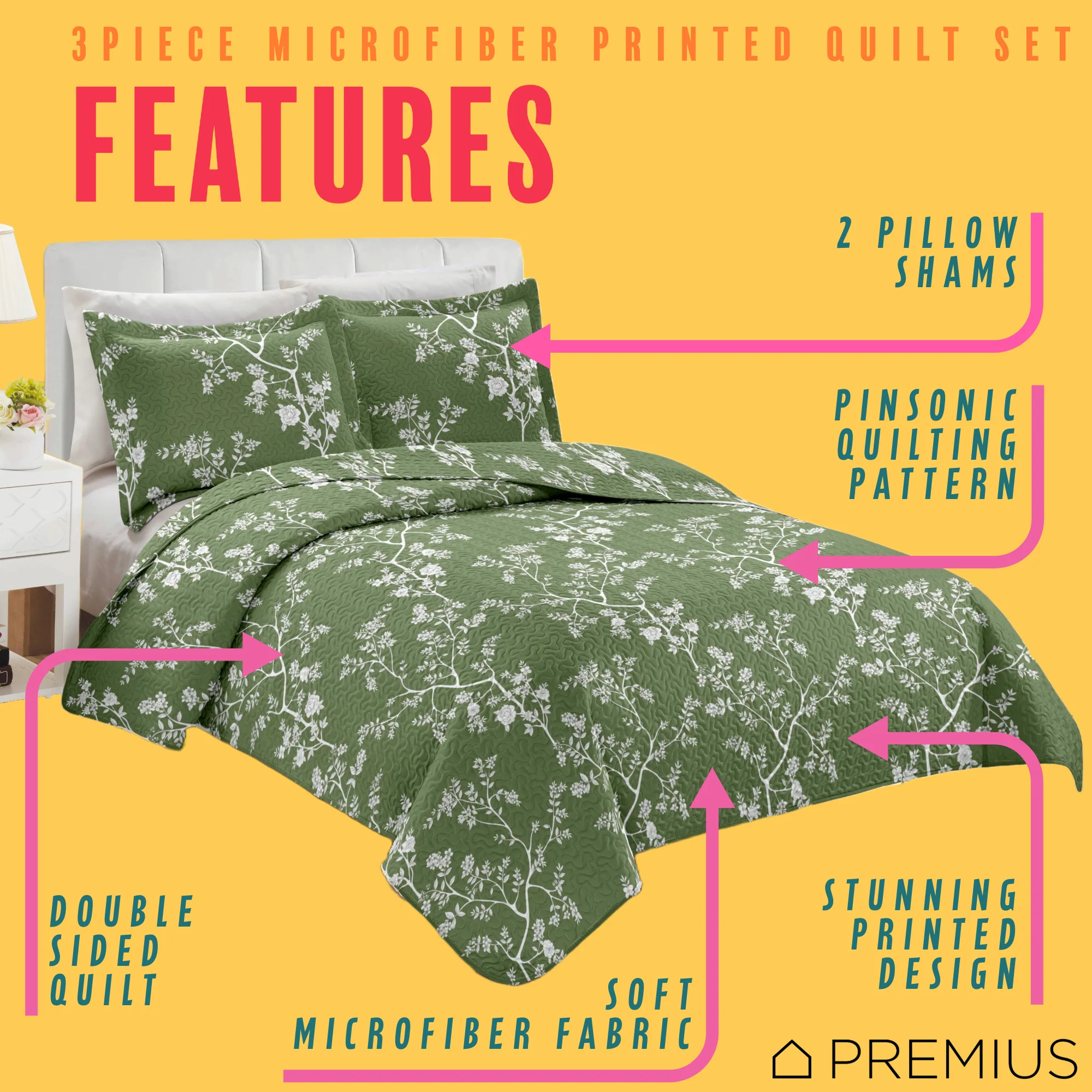 PREMIUS Fernando 3 Piece Microfiber Wrinkle-Free Quilt Set, Green-White - Image 2