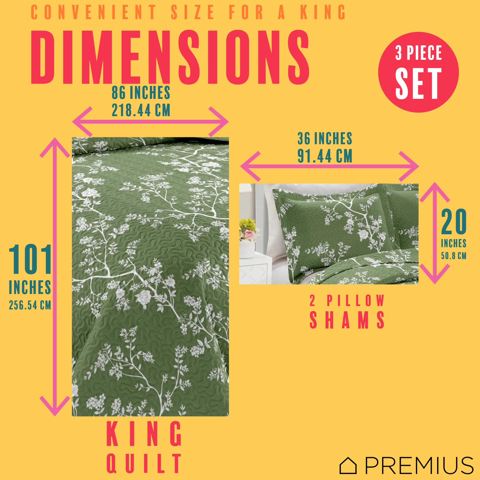 PREMIUS Fernando 3 Piece Microfiber Wrinkle-Free Quilt Set, Green-White - Image 4