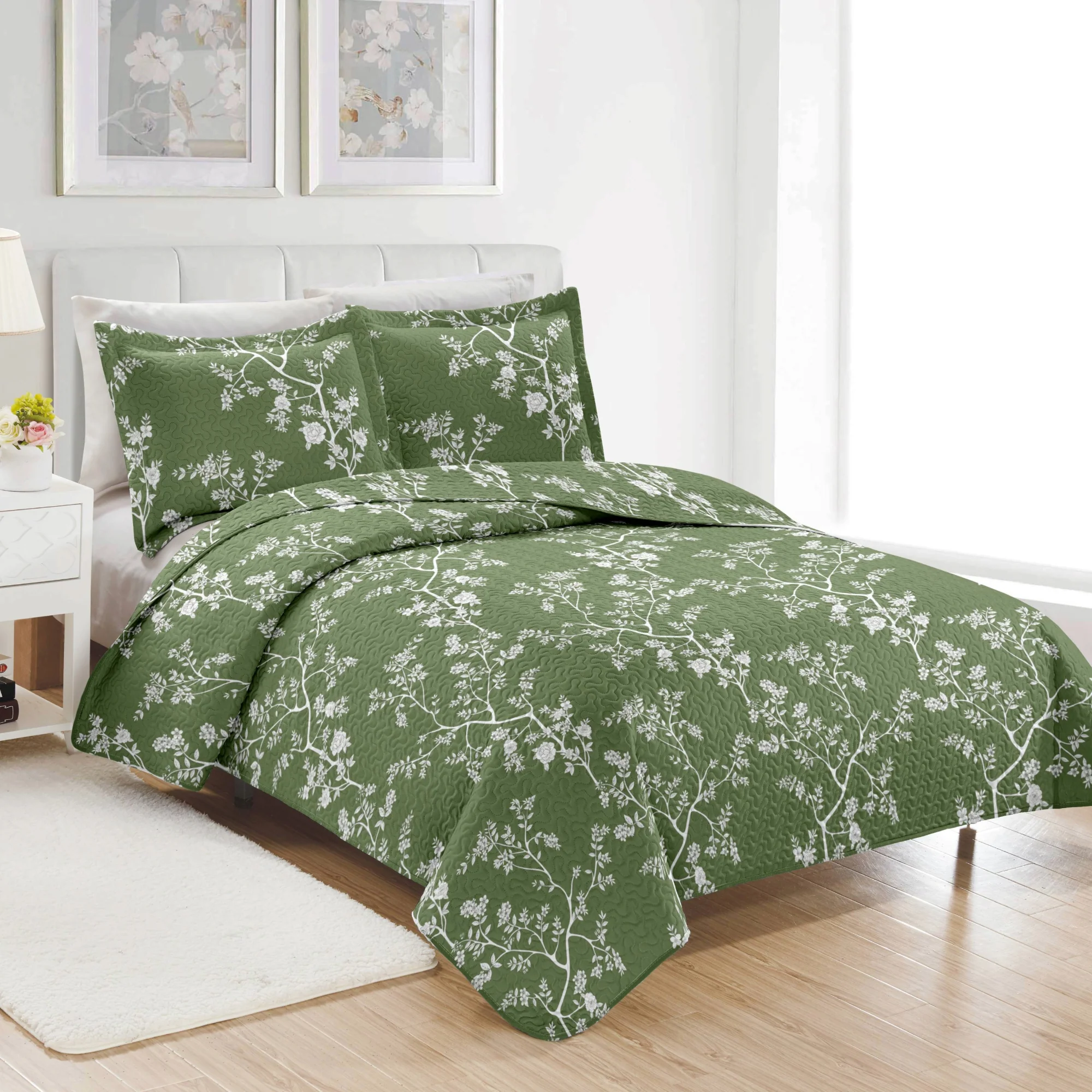 PREMIUS Fernando 3 Piece Microfiber Wrinkle-Free Quilt Set, Green-White - Image 6