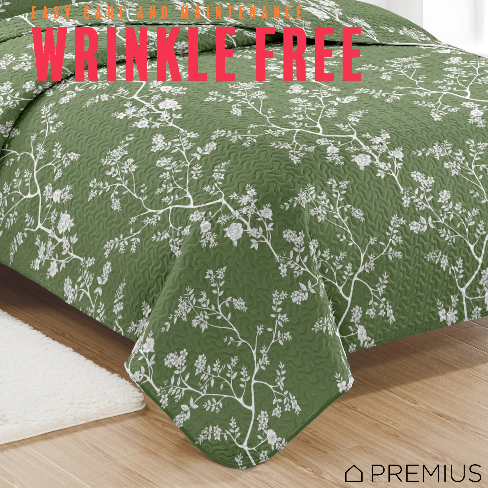 PREMIUS Fernando 3 Piece Microfiber Wrinkle-Free Quilt Set, Green-White - Image 8