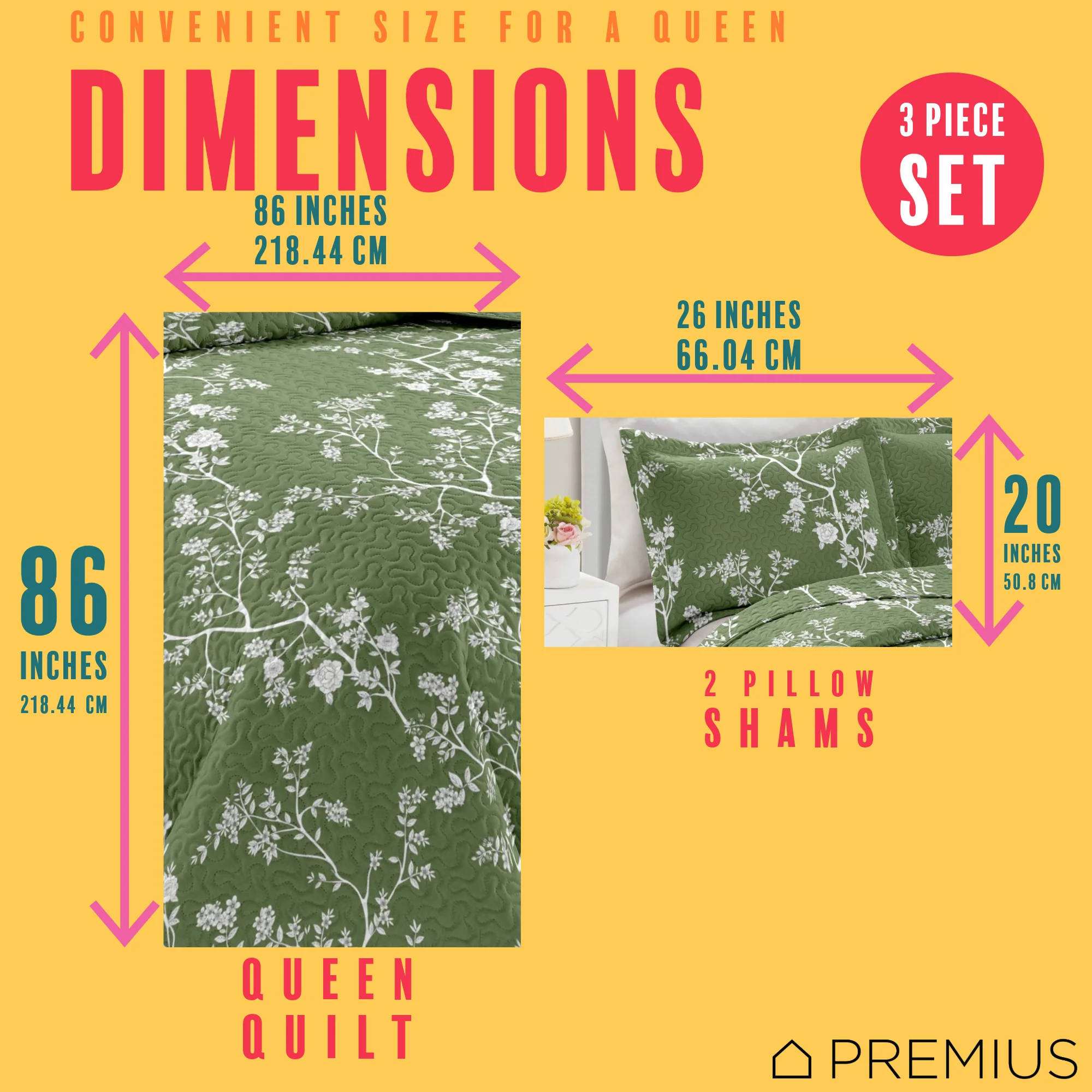 PREMIUS Fernando 3 Piece Microfiber Wrinkle-Free Quilt Set, Green-White - Image 9
