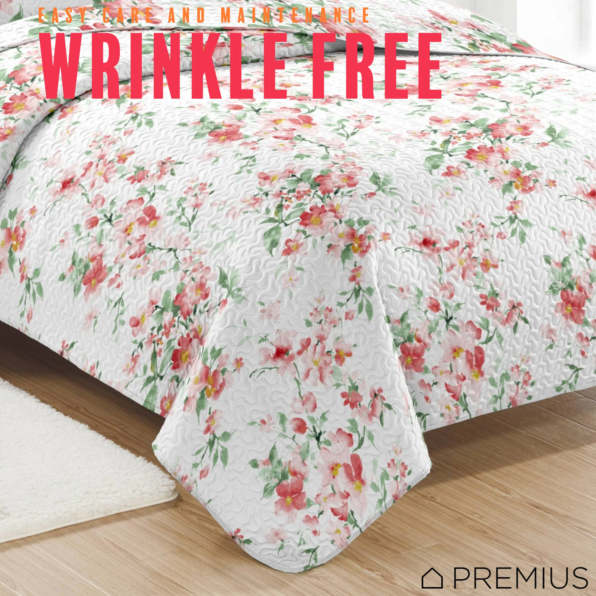 PREMIUS Jennifer 3 Piece Microfiber Wrinkle-Free Quilt Set, White-Red-Green - Image 8