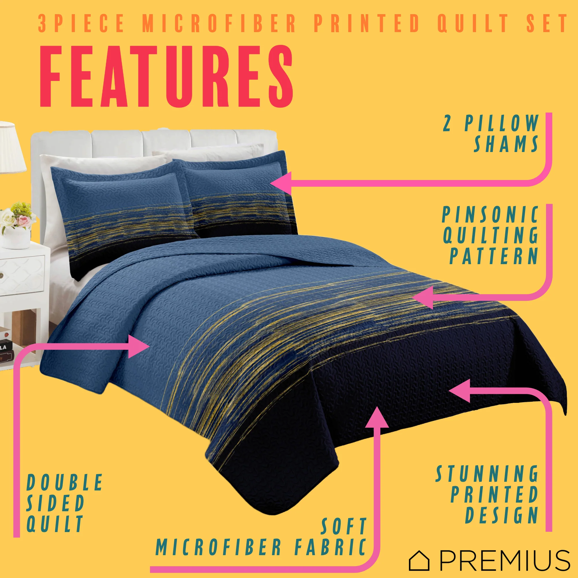 PREMIUS Leo 3 Piece Microfiber Wrinkle-Free Quilt Set, Navy-Gold - Image 2