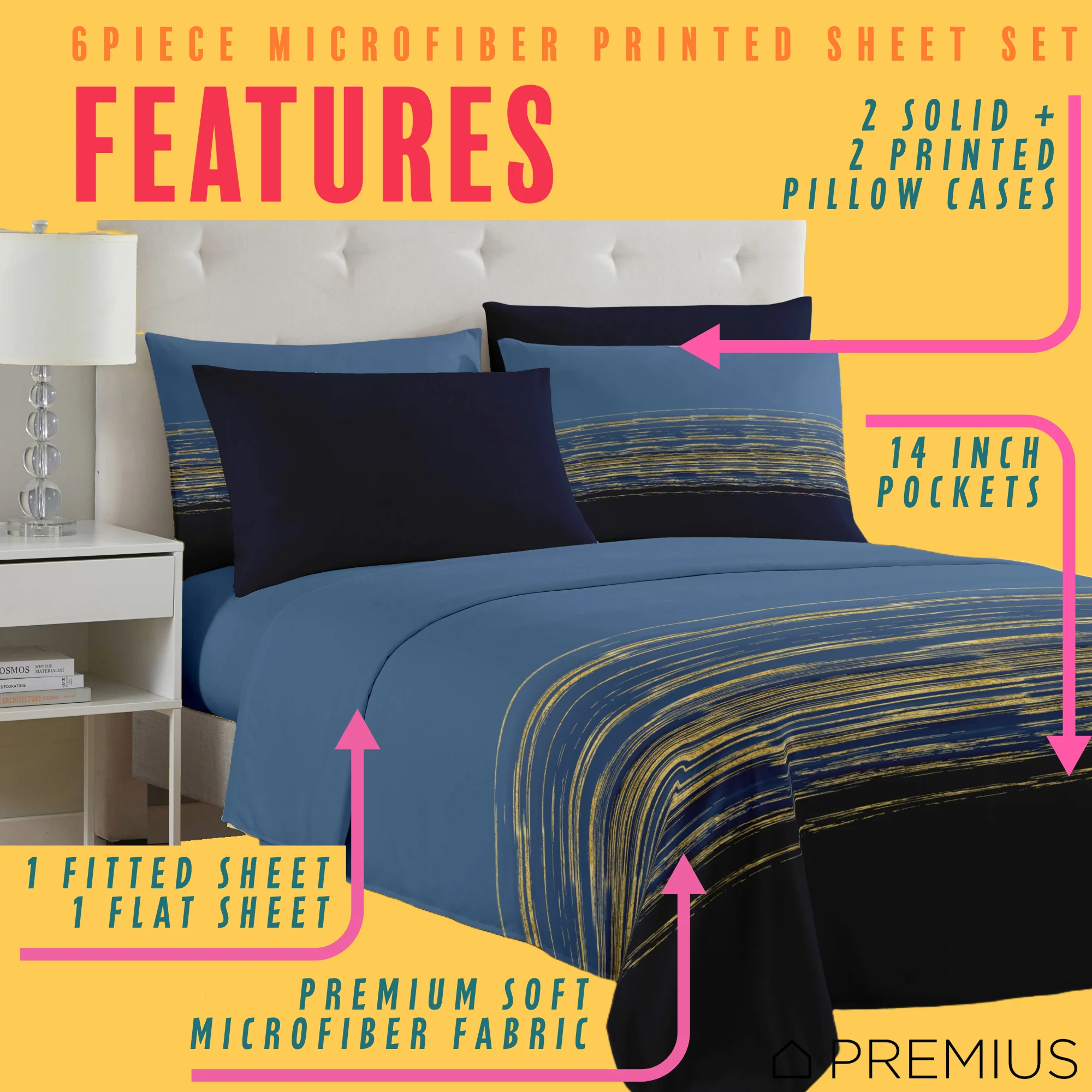 PREMIUS Leo Soft Wrinkle-Free Microfiber Sheet Set, Navy-Gold - Image 9