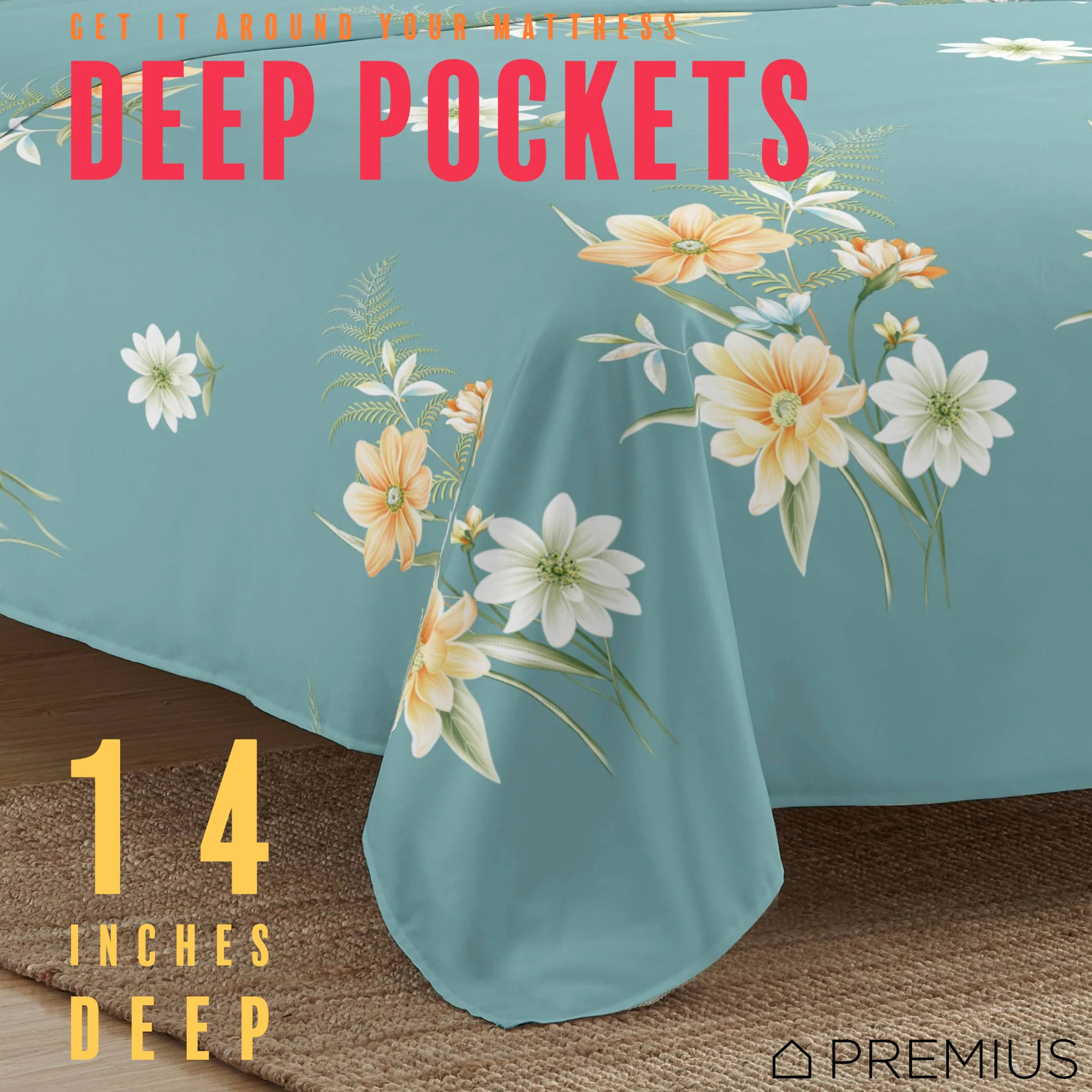PREMIUS Lucea Soft Wrinkle-Free Microfiber Sheet Set, Soft Blue-Orange - Image 5