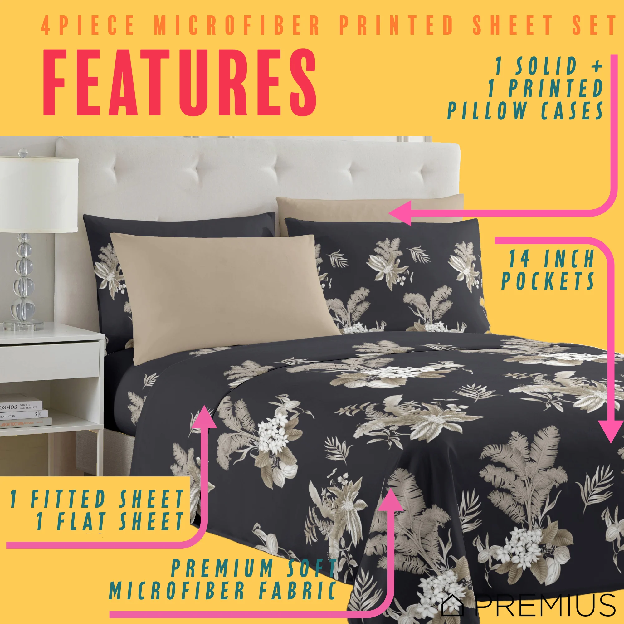 PREMIUS Mia Soft Wrinkle-Free Microfiber Sheet Set, Black-Taupe - Image 12