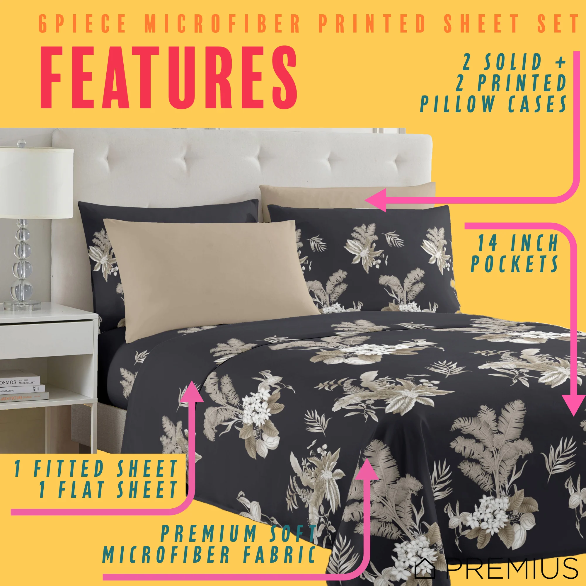 PREMIUS Mia Soft Wrinkle-Free Microfiber Sheet Set, Black-Taupe - Image 2