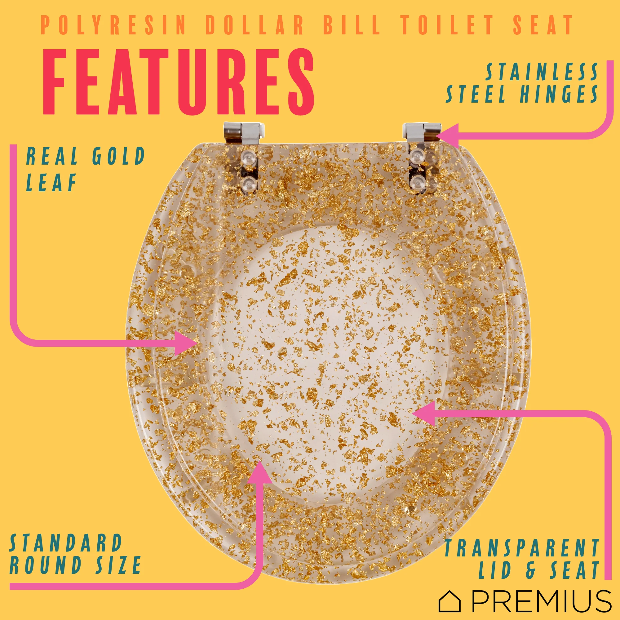 PREMIUS Polyresin Gold Leaf Toilet Seat, Clear, Standard Round, 17 Inches - Image 2