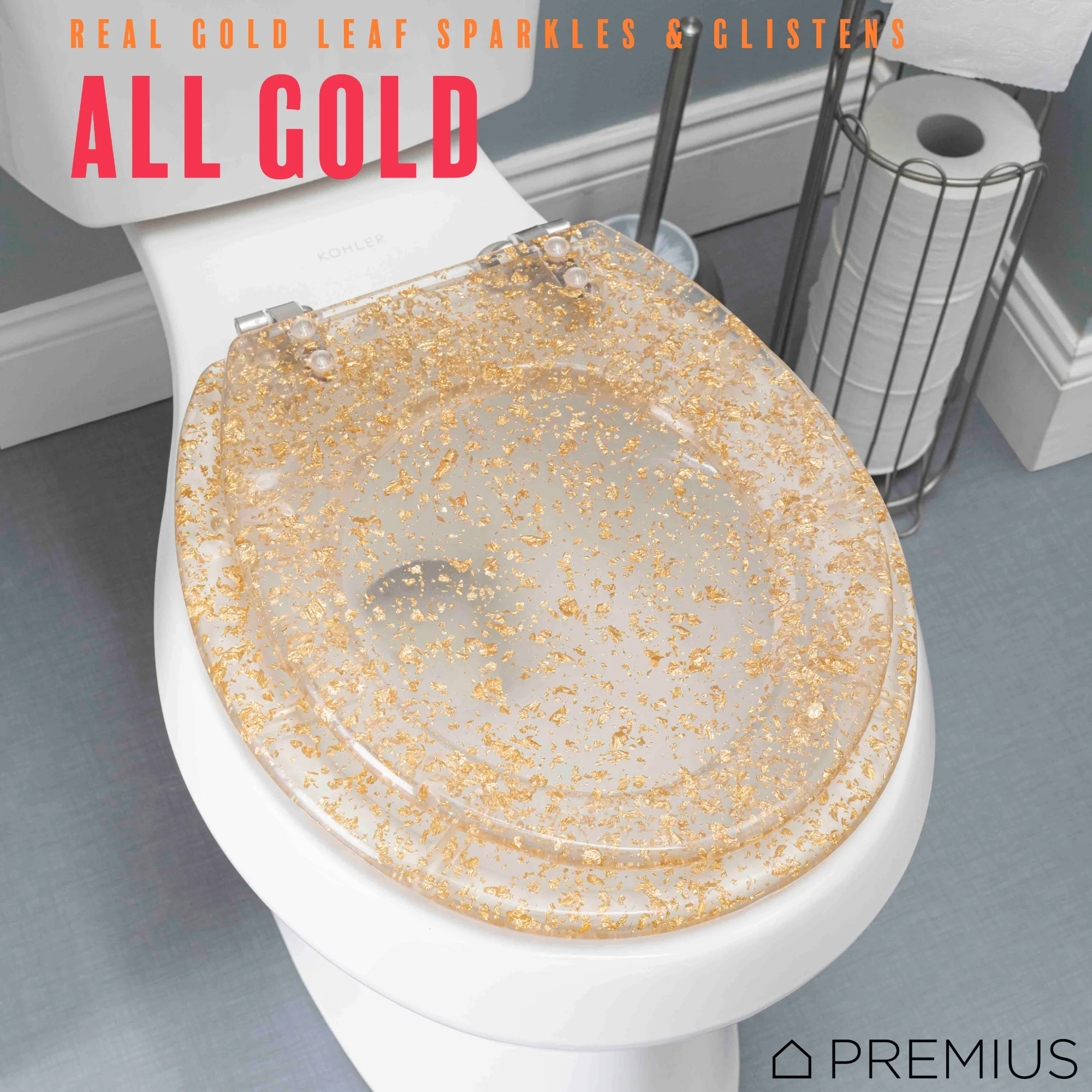 PREMIUS Polyresin Gold Leaf Toilet Seat, Clear, Standard Round, 17 Inches - Image 3