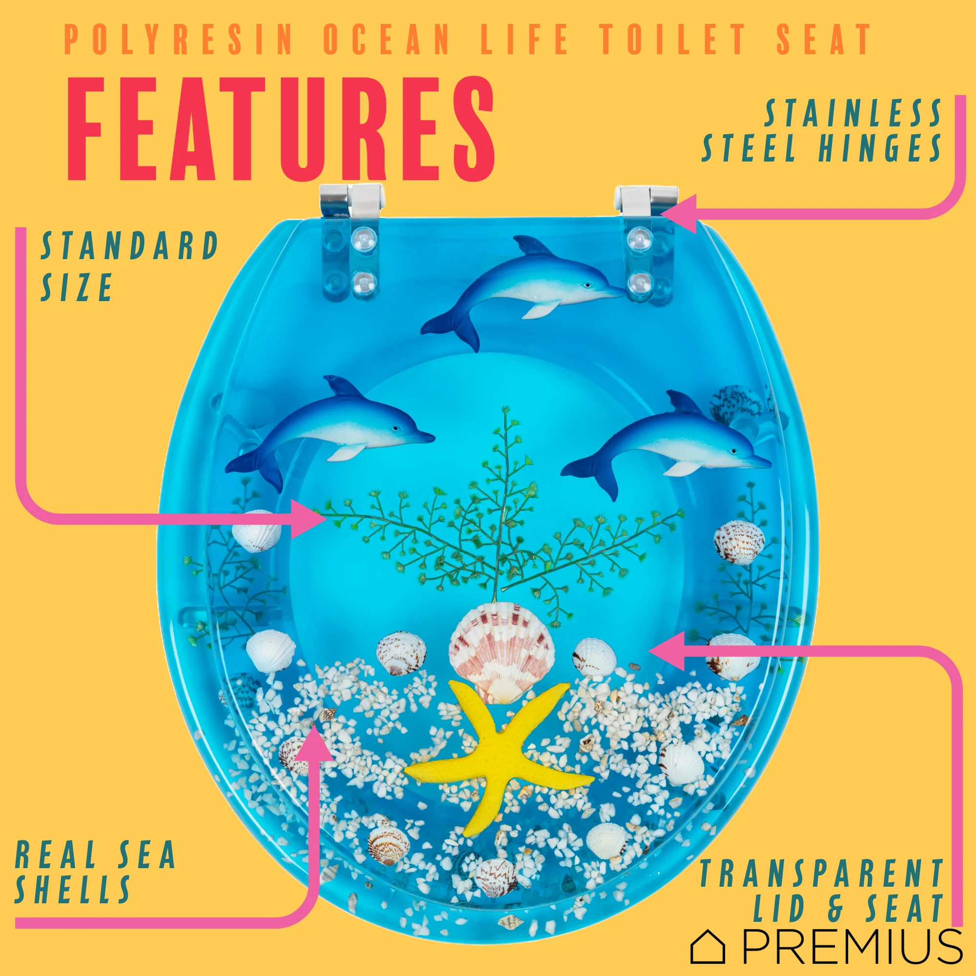 PREMIUS Polyresin Ocean Life Dolphins Toilet Seat, Clear-Blue, Standard Round, 17 Inches - Image 2