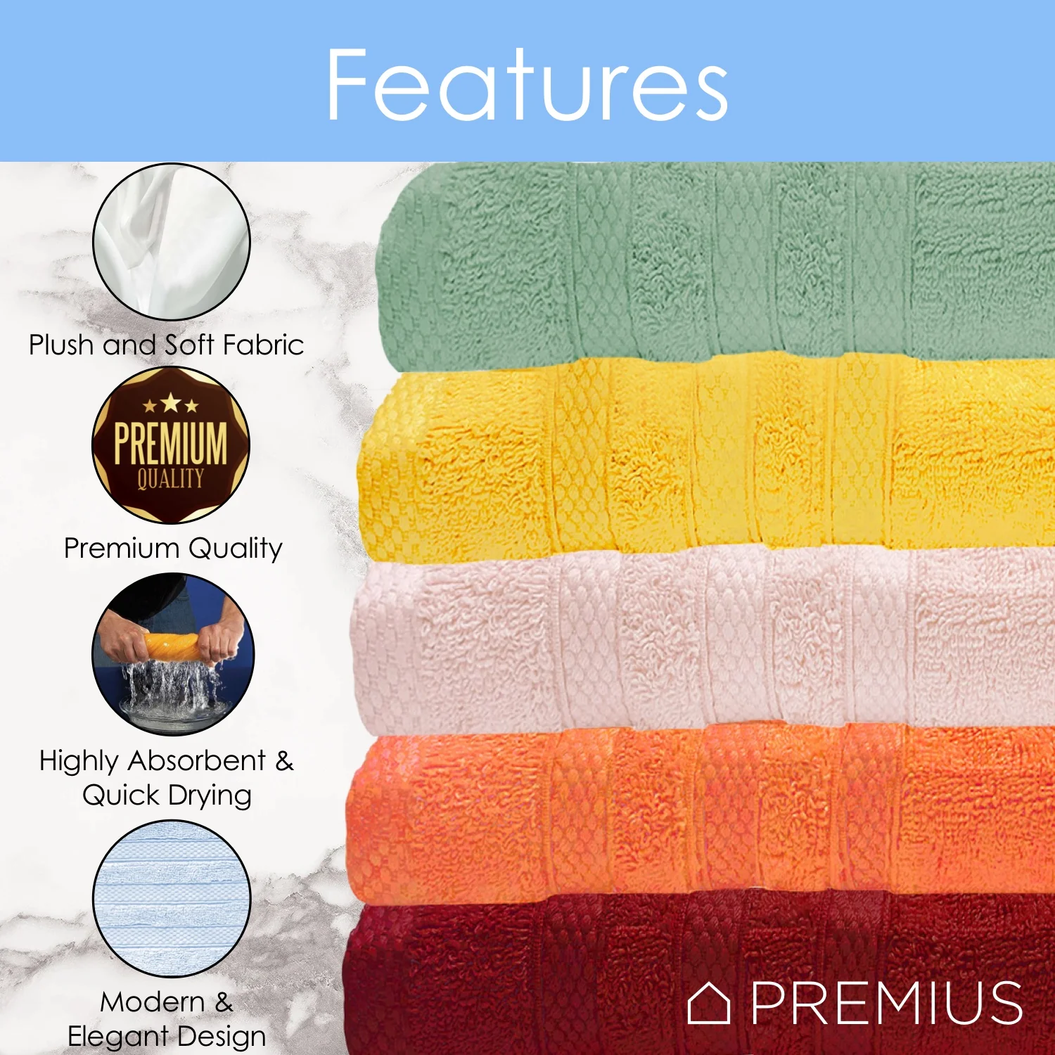 Premius Premium 6-Piece Combed Cotton Bath Towel Set, White - Image 3