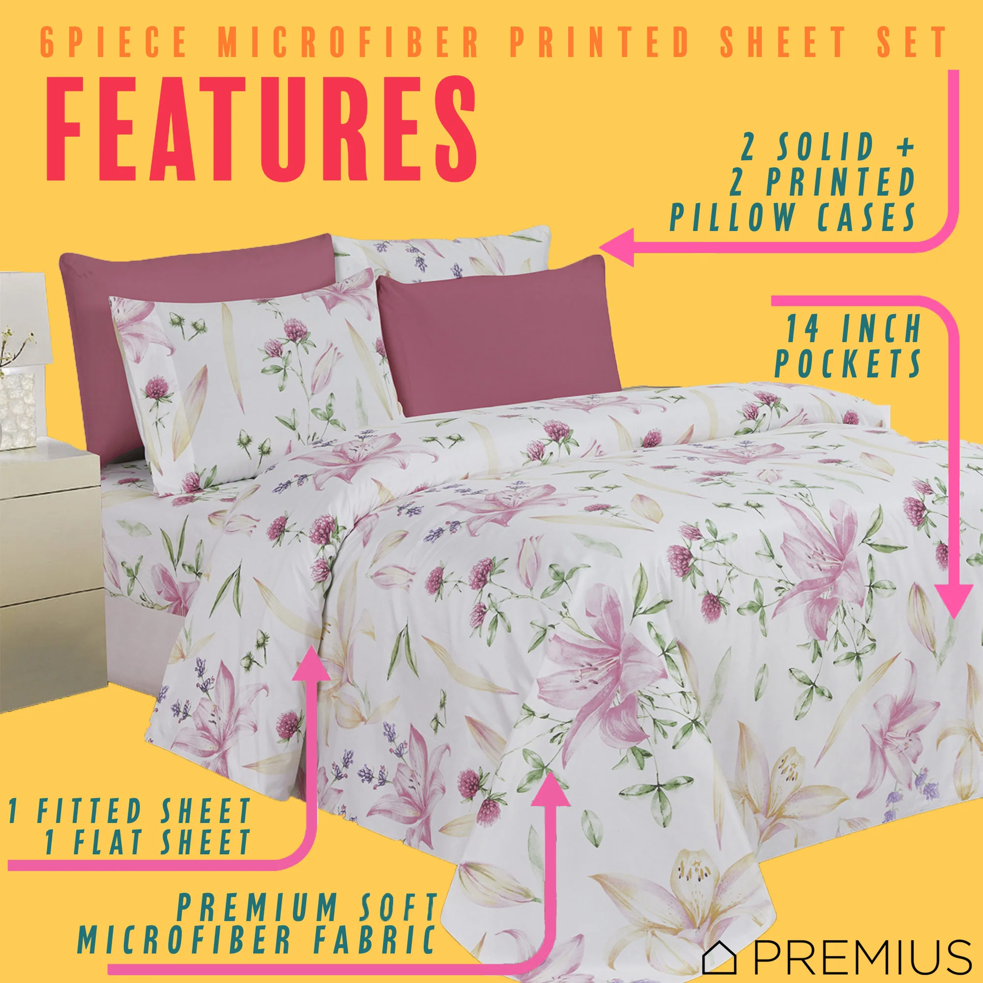 PREMIUS Premium Amari 4 & 6 Piece Microfiber Printed Wrinkle-Free Sheet Set - Image 9