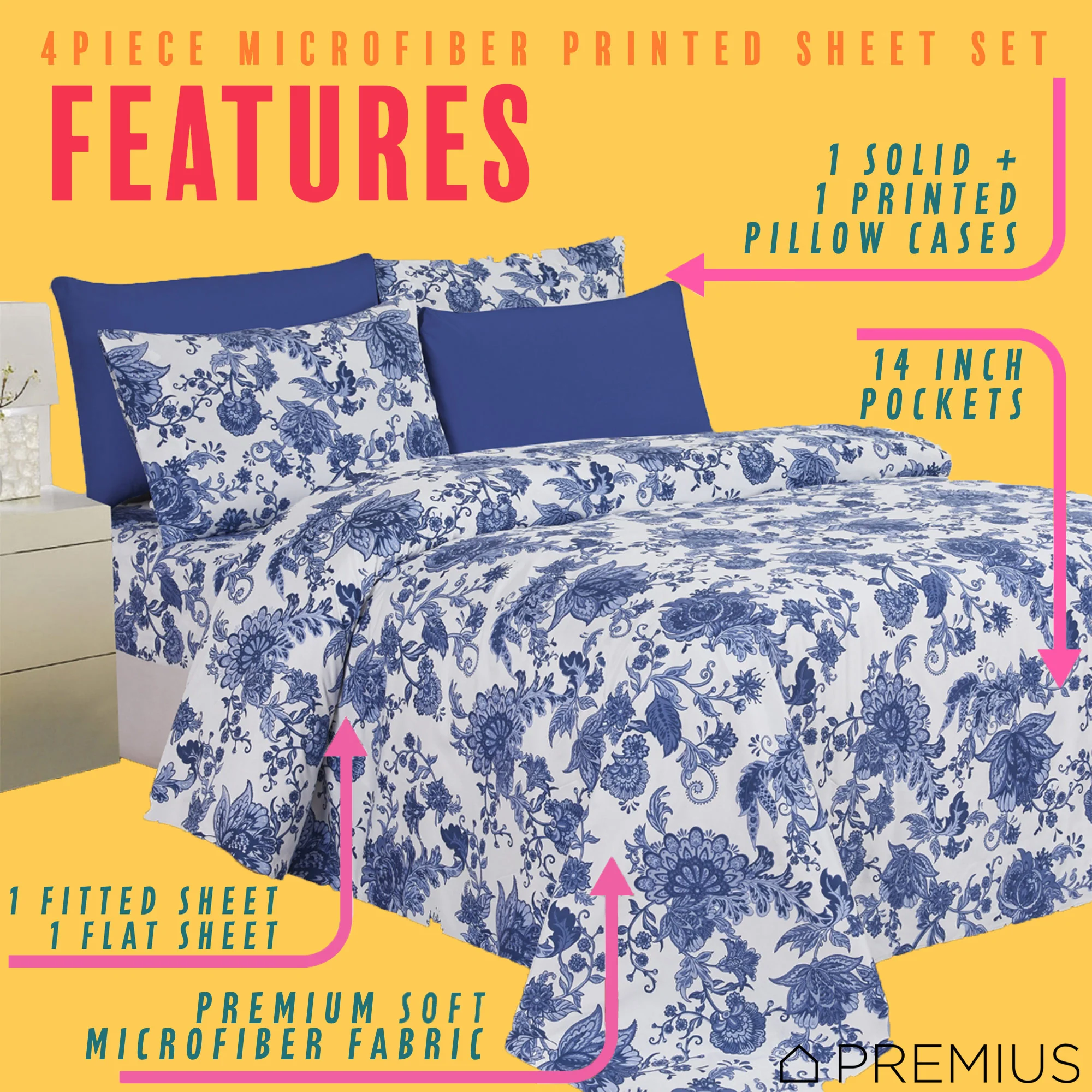 PREMIUS Premium Azure 4 & 6 Piece Microfiber Printed Wrinkle-Free Sheet Set - Image 11