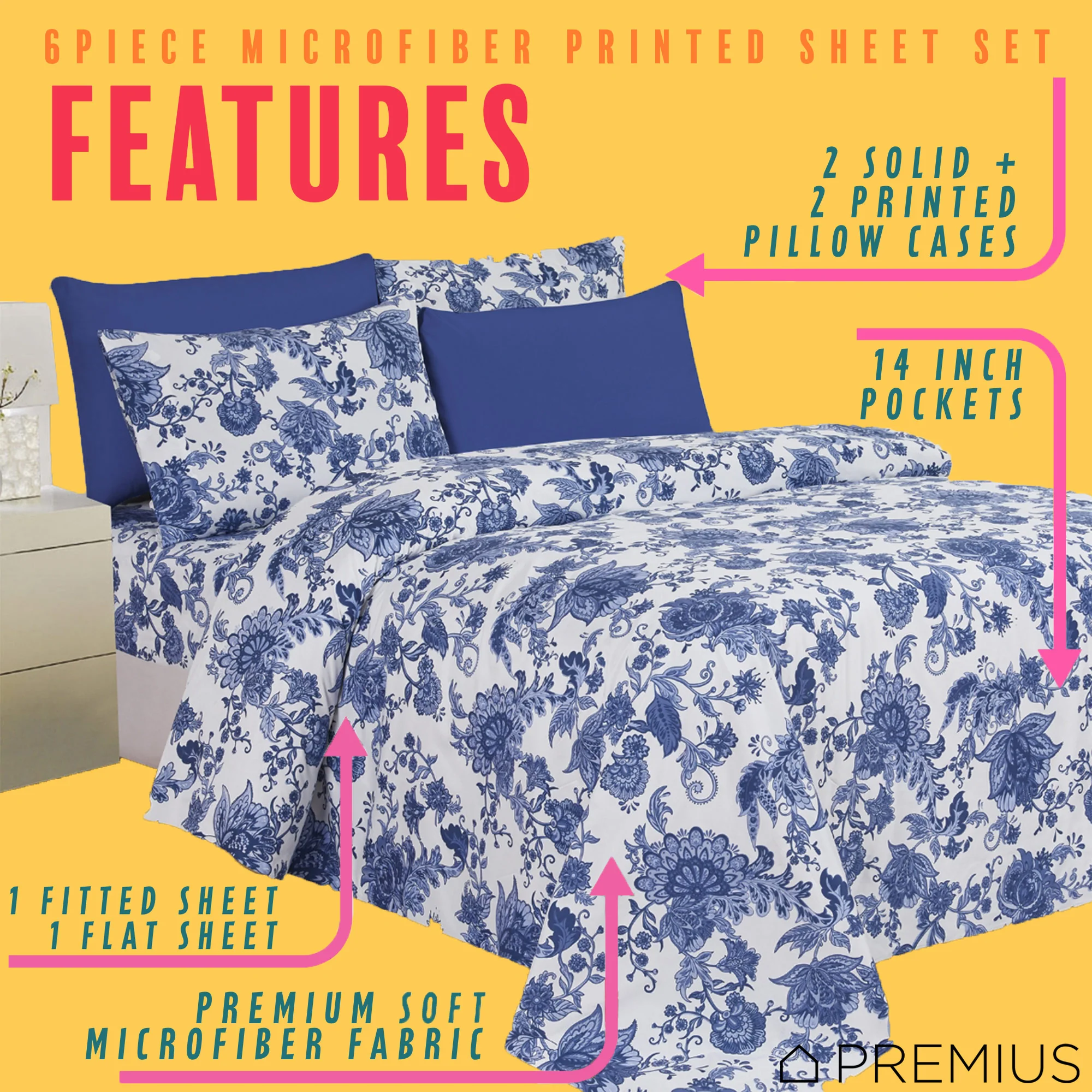 PREMIUS Premium Azure 4 & 6 Piece Microfiber Printed Wrinkle-Free Sheet Set - Image 6