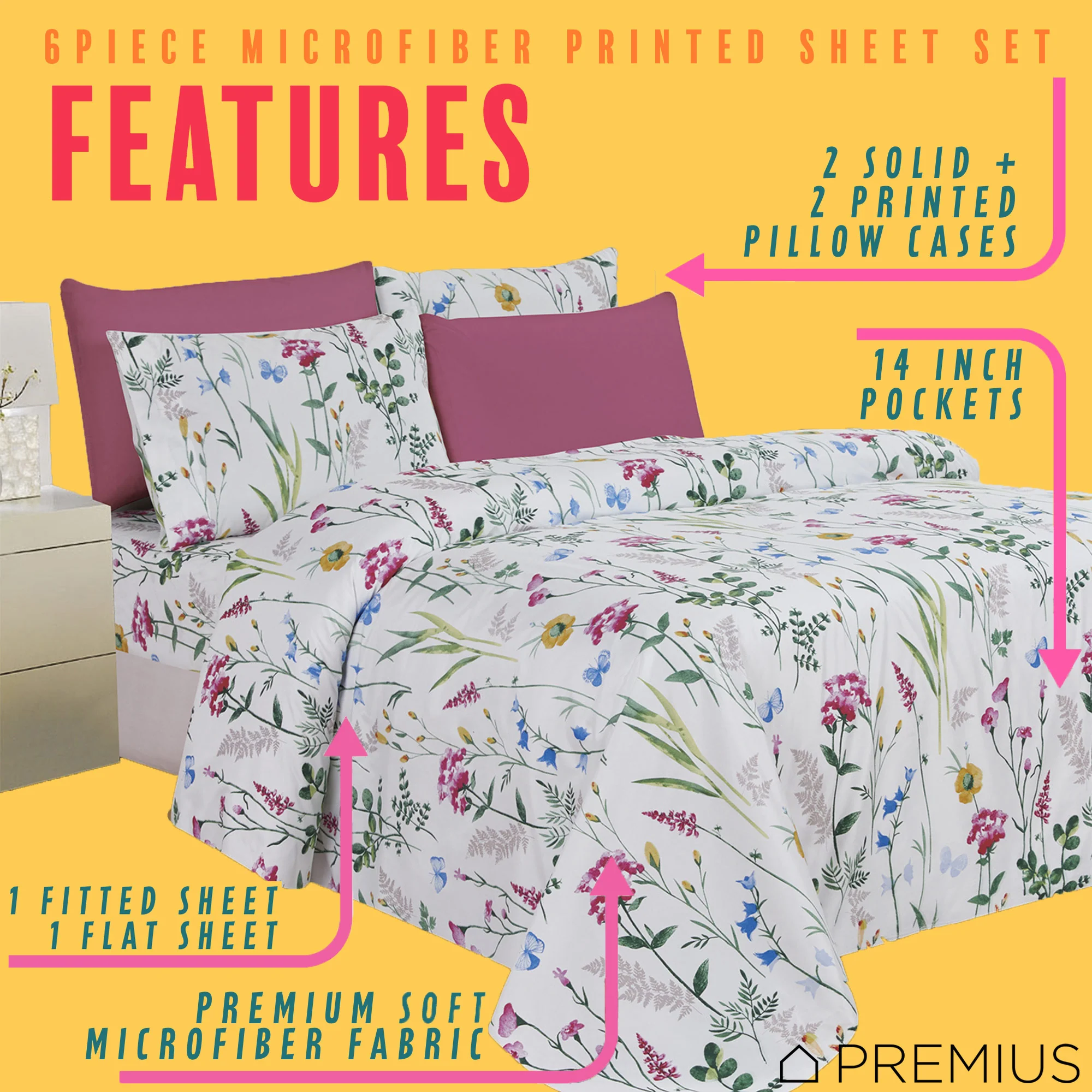 PREMIUS Premium Flora 4 & 6 Piece Microfiber Printed Wrinkle-Free Sheet Set - Image 3