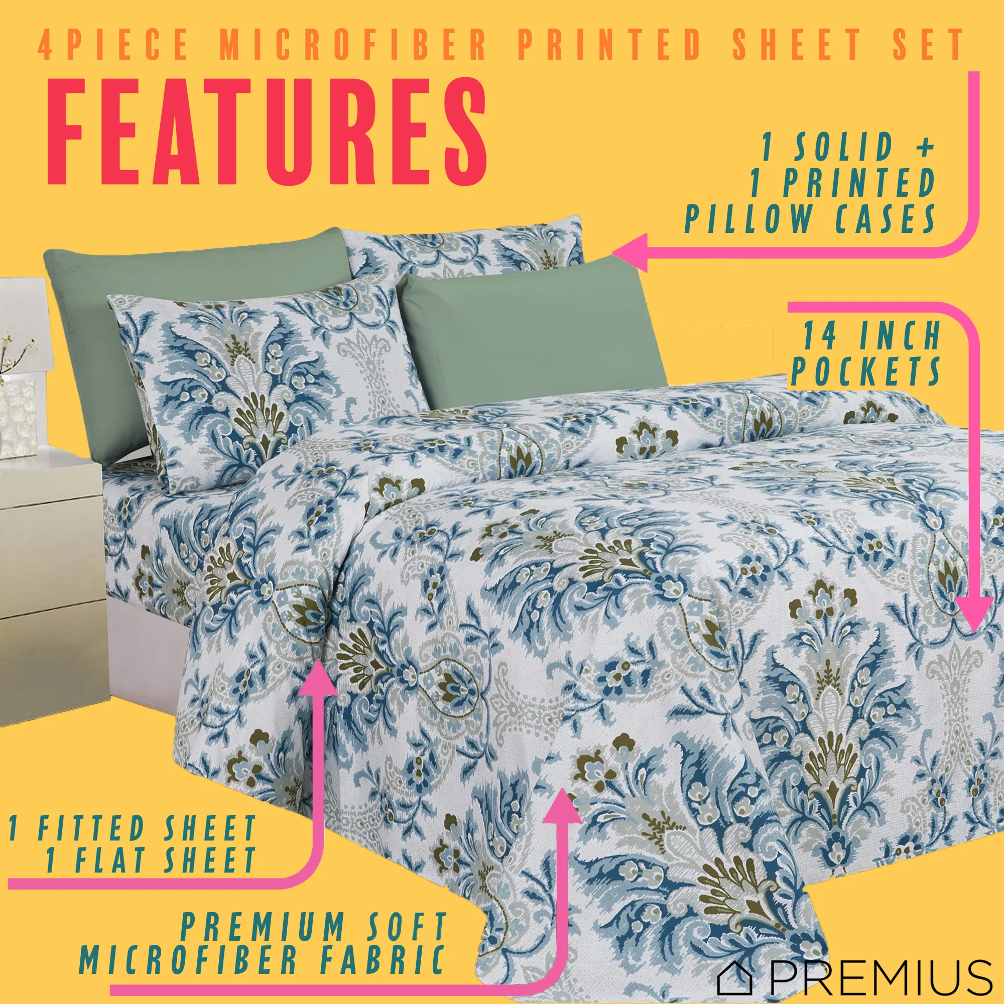 PREMIUS Premium French Flourish 4 & 6 Piece Microfiber Printed Wrinkle-Free Sheet Set - Image 11